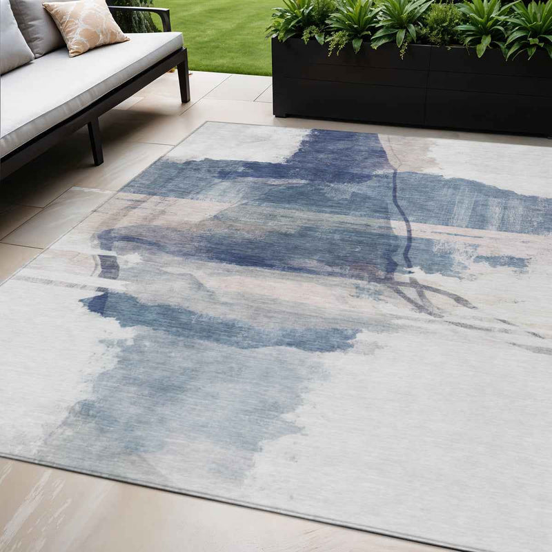 5' X 8' Blue And Ivory Abstract Washable Indoor Outdoor Area Rug