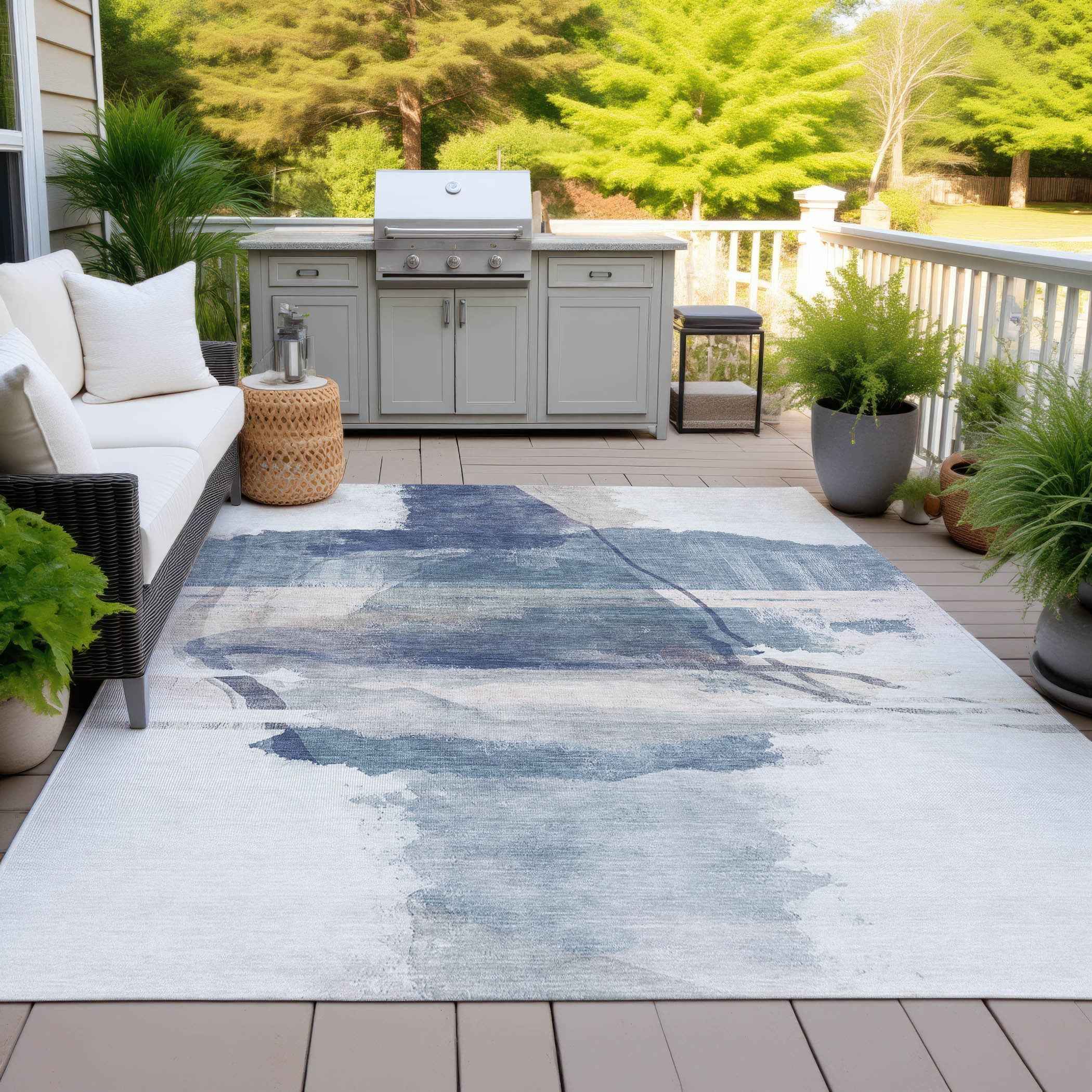 5' X 8' Blue And Ivory Abstract Washable Indoor Outdoor Area Rug