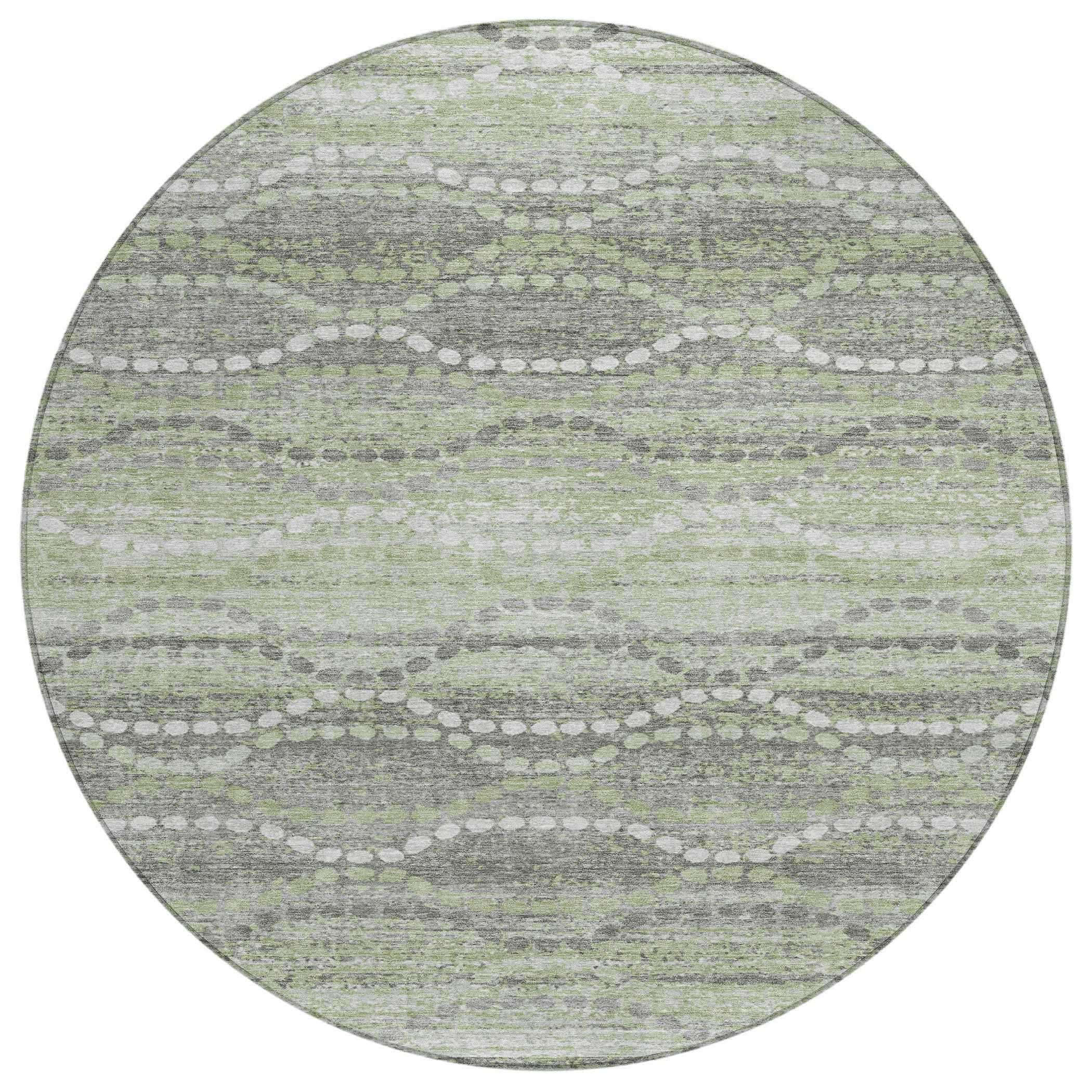 8' Green And Ivory Round Ogee Washable Indoor Outdoor Area Rug