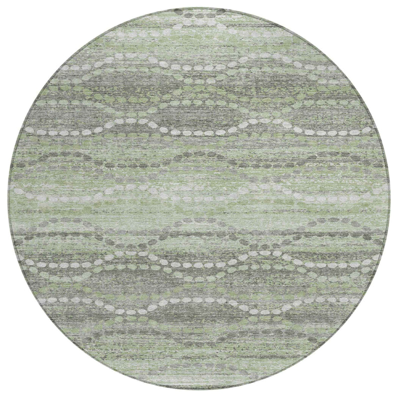 8' Green And Ivory Round Ogee Washable Indoor Outdoor Area Rug