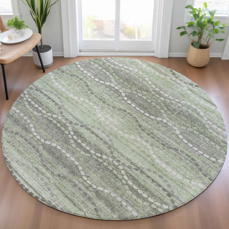 8' Green And Ivory Round Ogee Washable Indoor Outdoor Area Rug