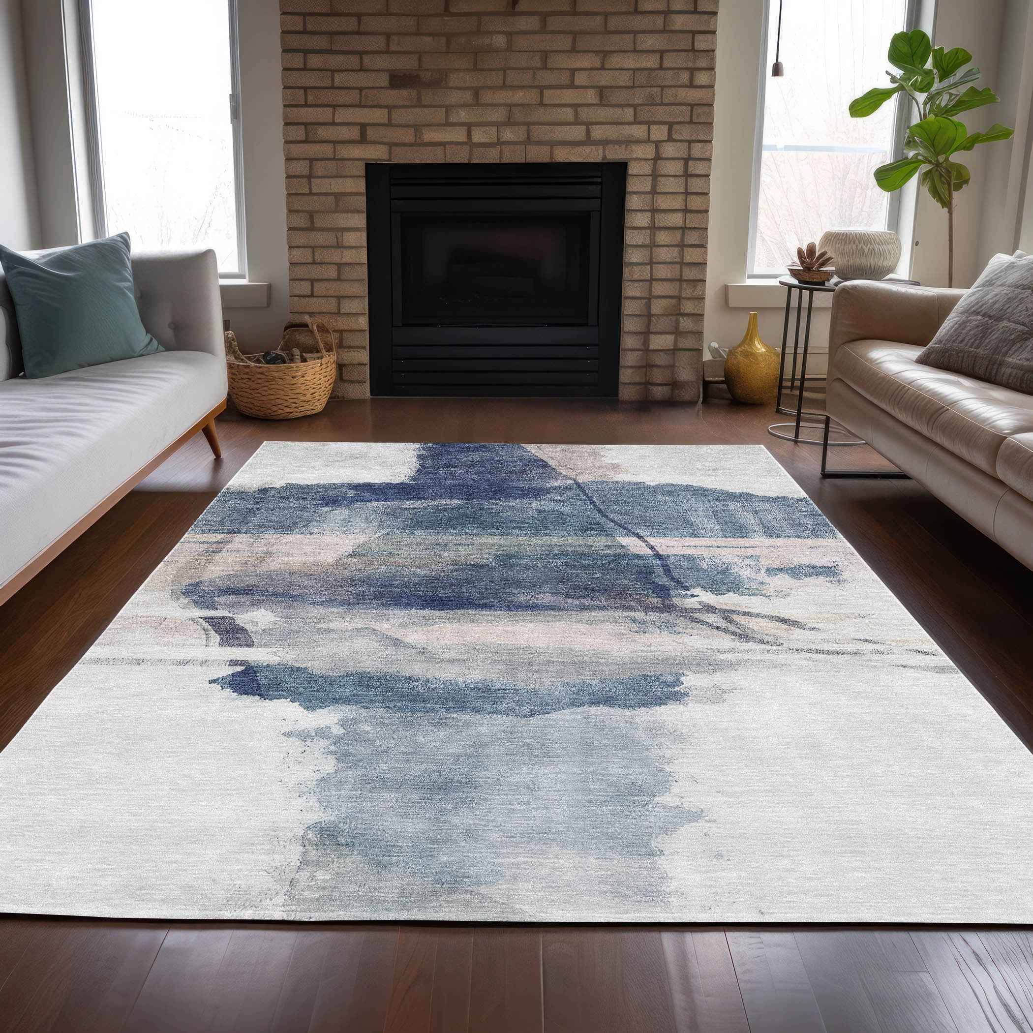 8' X 10' Blue And Ivory Abstract Washable Indoor Outdoor Area Rug