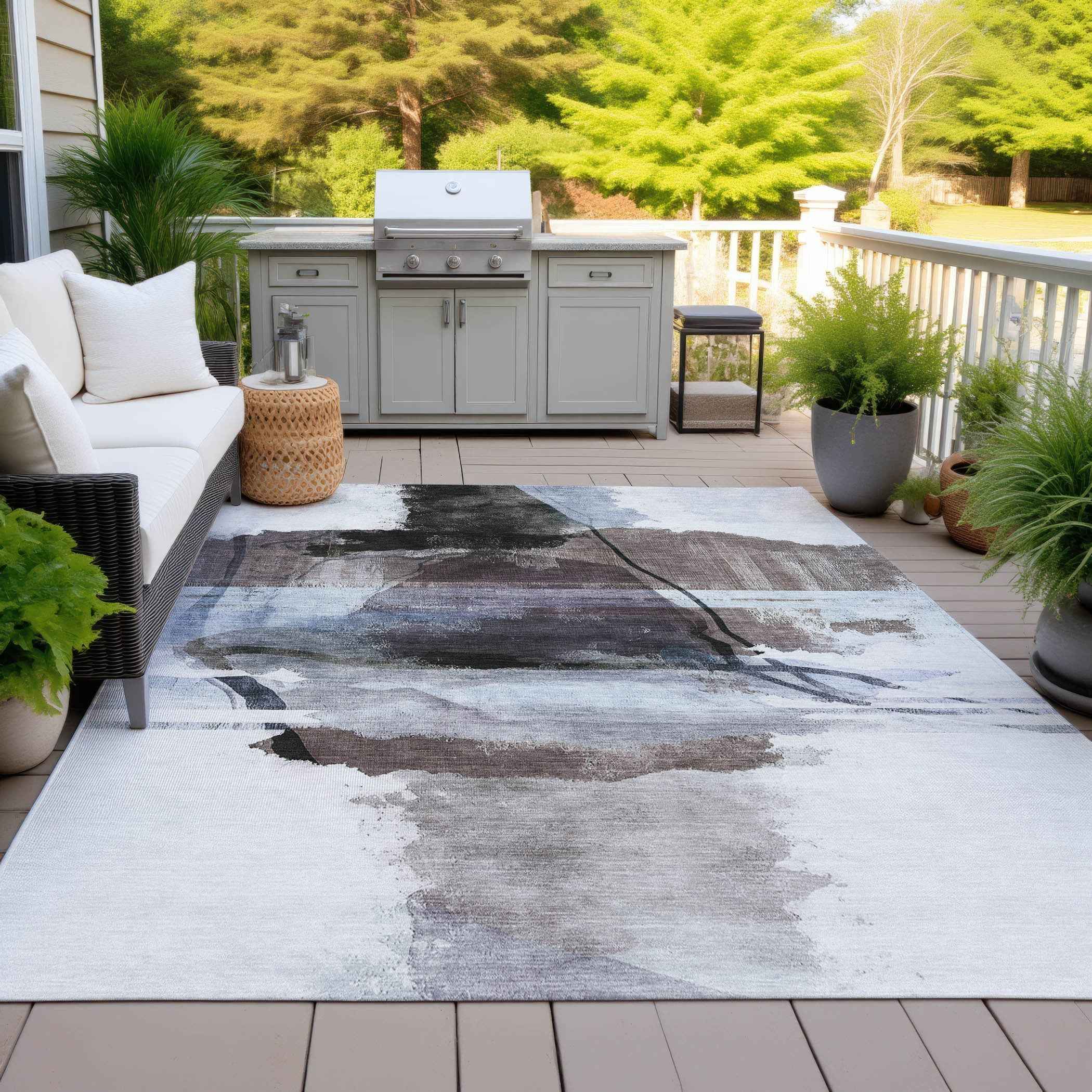 10' X 14' Brown And Ivory Abstract Washable Indoor Outdoor Area Rug