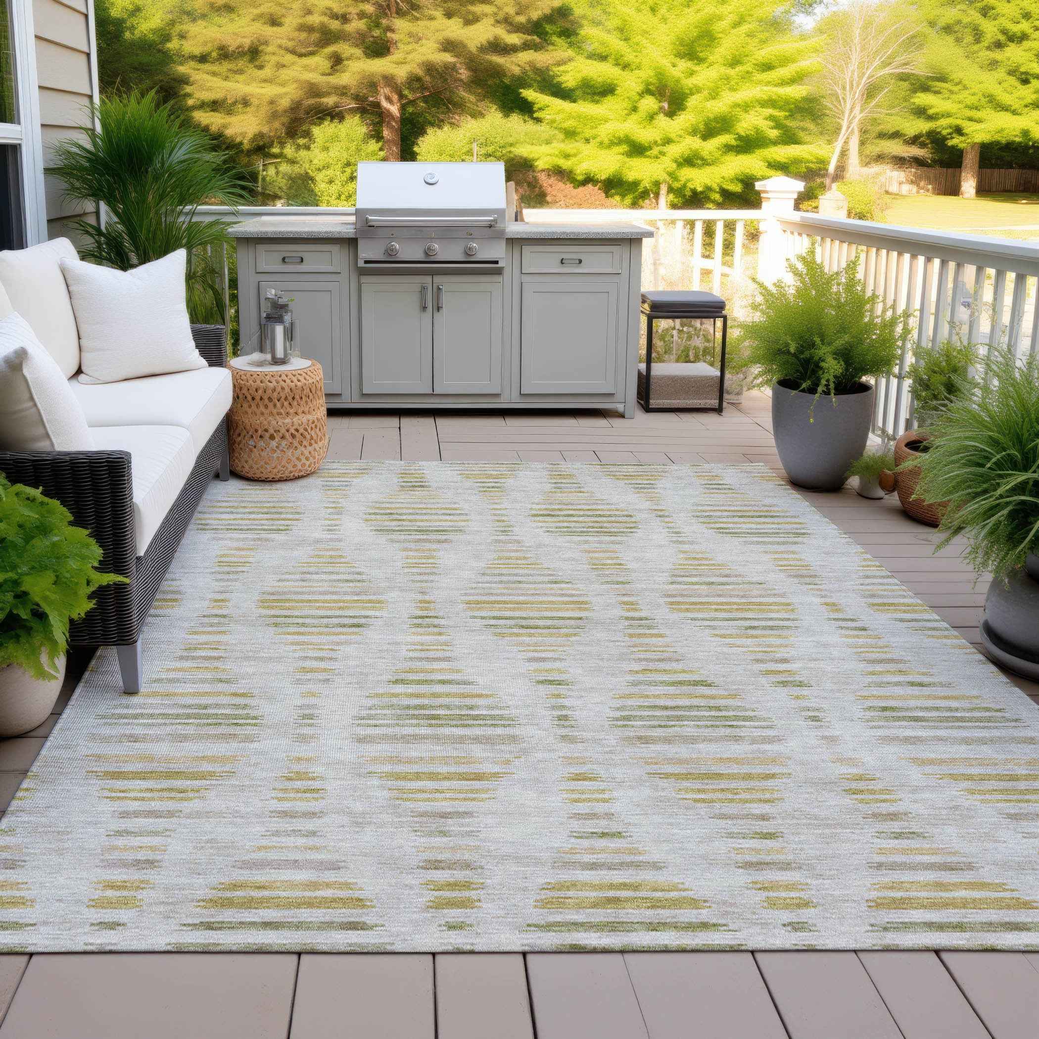 8' X 10' Ivory And Gold Striped Washable Indoor Outdoor Area Rug