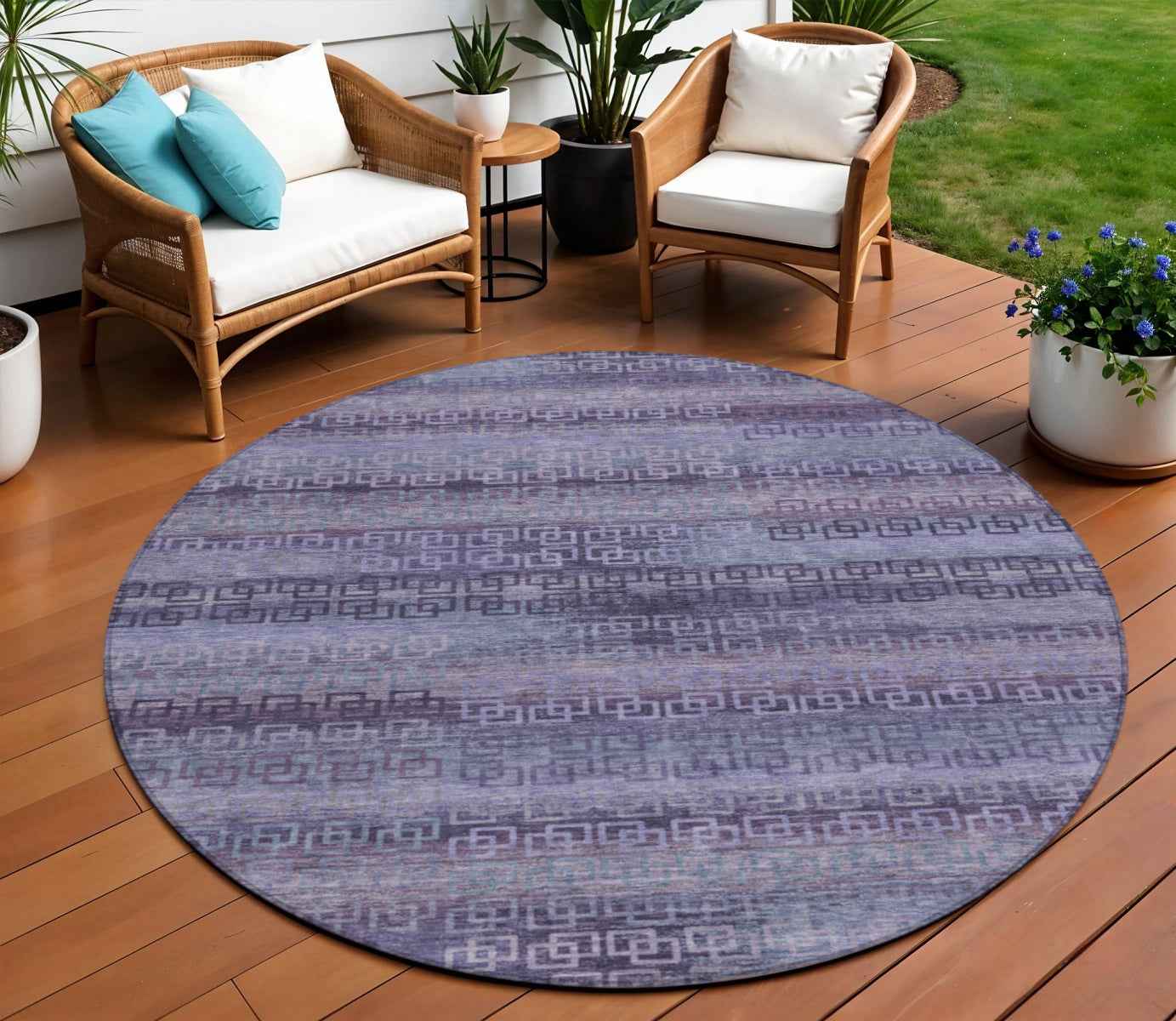8' Plum And Lavender Round Striped Washable Indoor Outdoor Area Rug