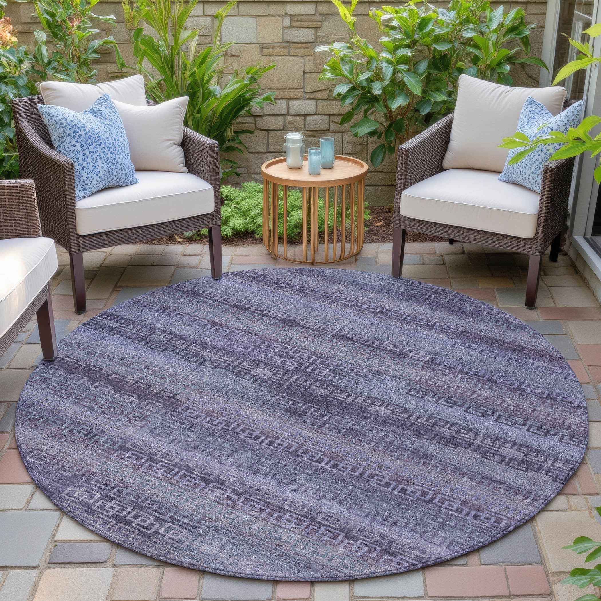 8' Plum And Lavender Round Striped Washable Indoor Outdoor Area Rug