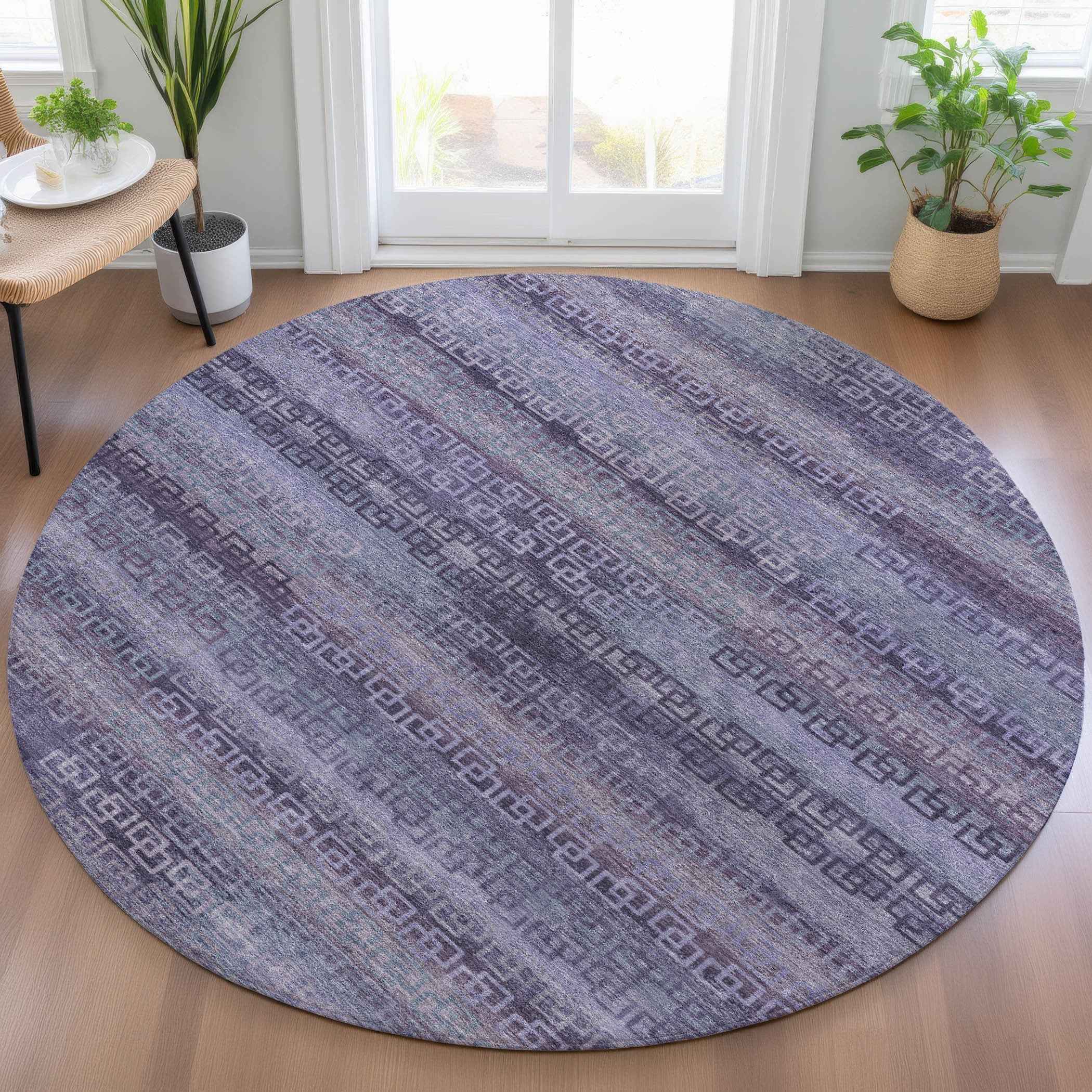 8' Plum And Lavender Round Striped Washable Indoor Outdoor Area Rug