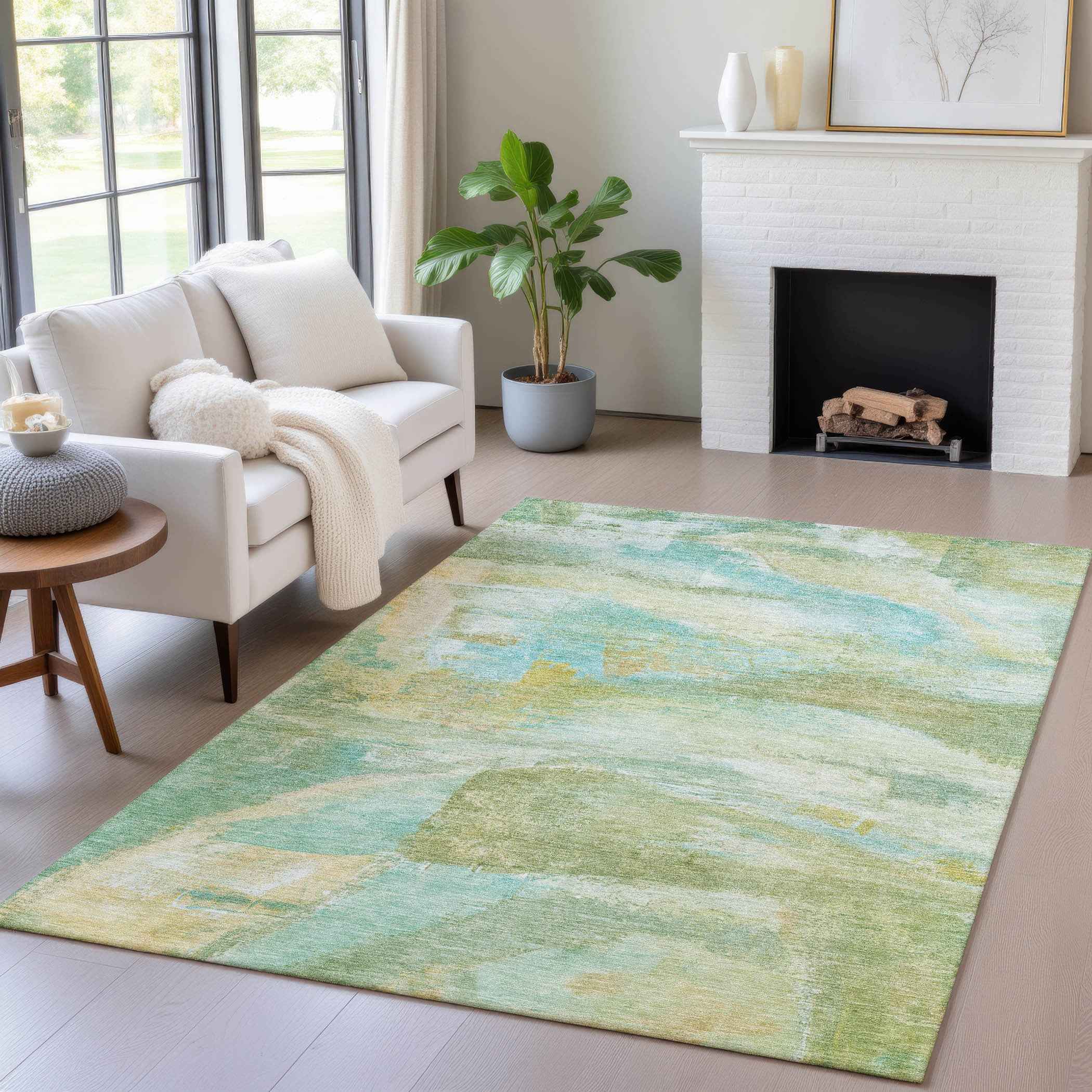 3' X 5' Green Teal Blue And Copper Abstract Washable Indoor Outdoor Area Rug