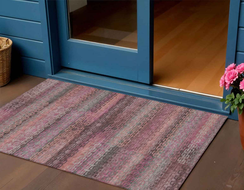 3' X 5' Pink And Gray Striped Washable Indoor Outdoor Area Rug
