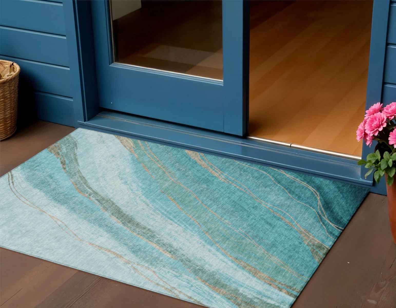 3' X 5' Turquoise And Taupe Abstract Washable Indoor Outdoor Area Rug