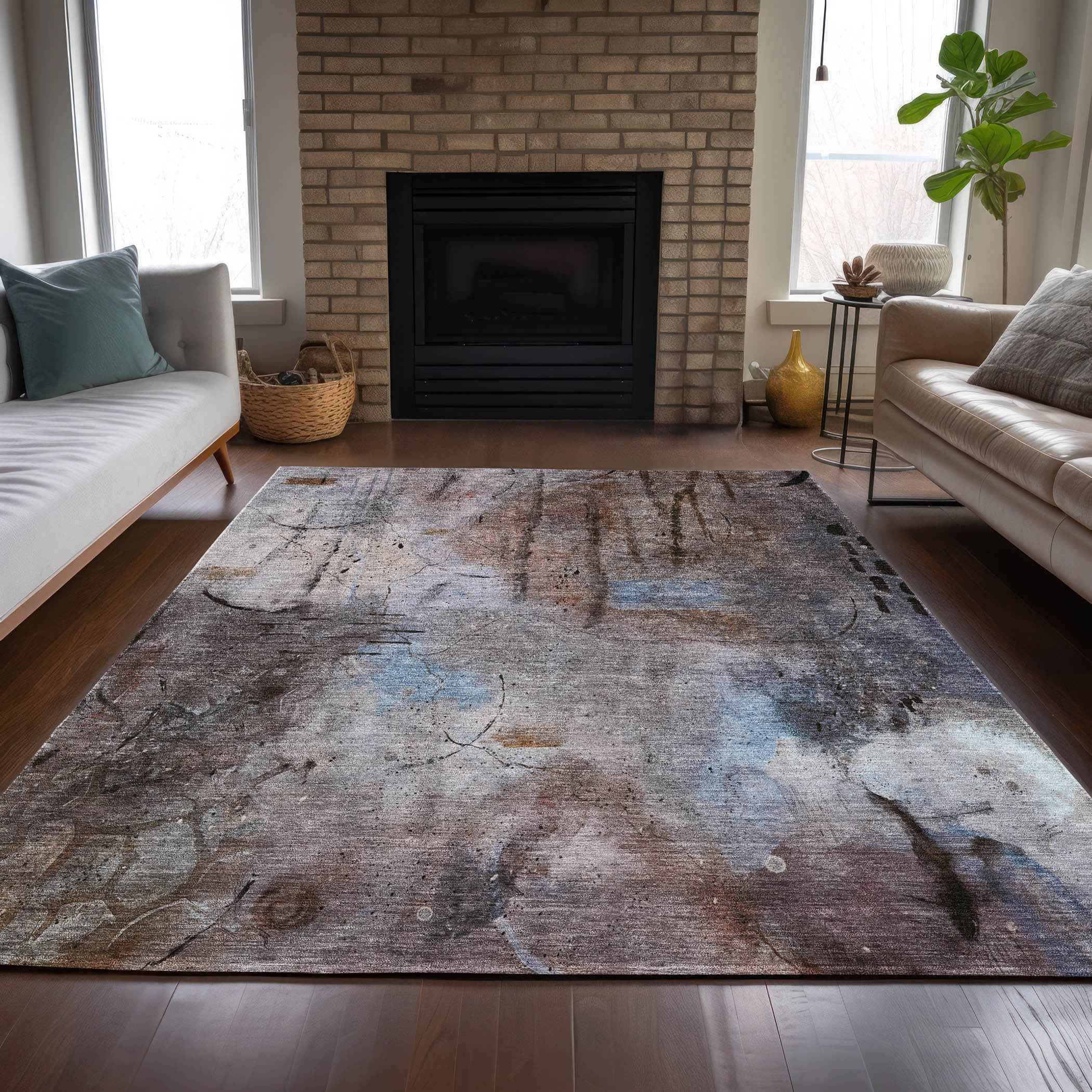 9' X 12' Taupe And Brown Abstract Washable Indoor Outdoor Area Rug