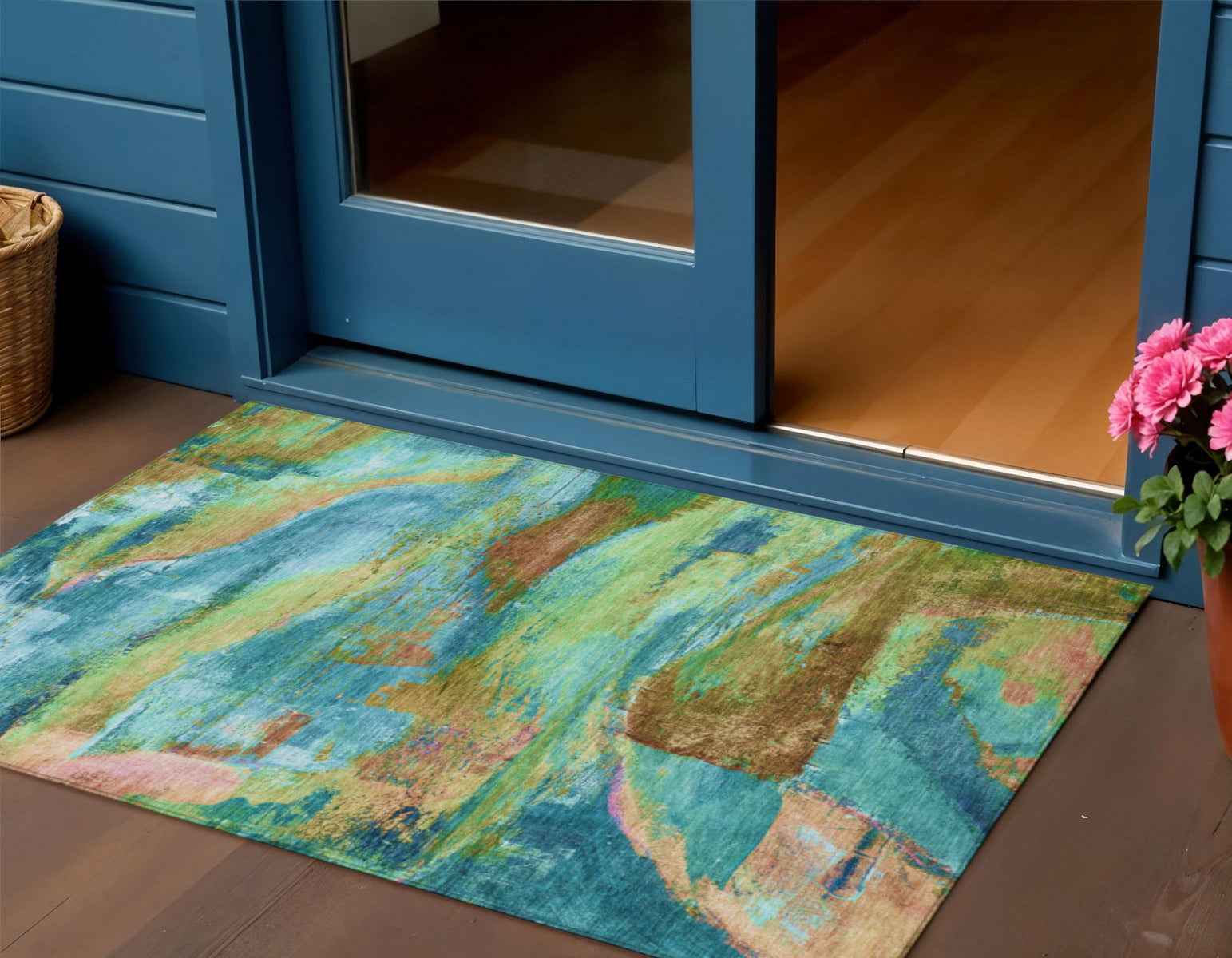 3' X 5' Teal Blue Lime Green And Blush Abstract Washable Indoor Outdoor Area Rug