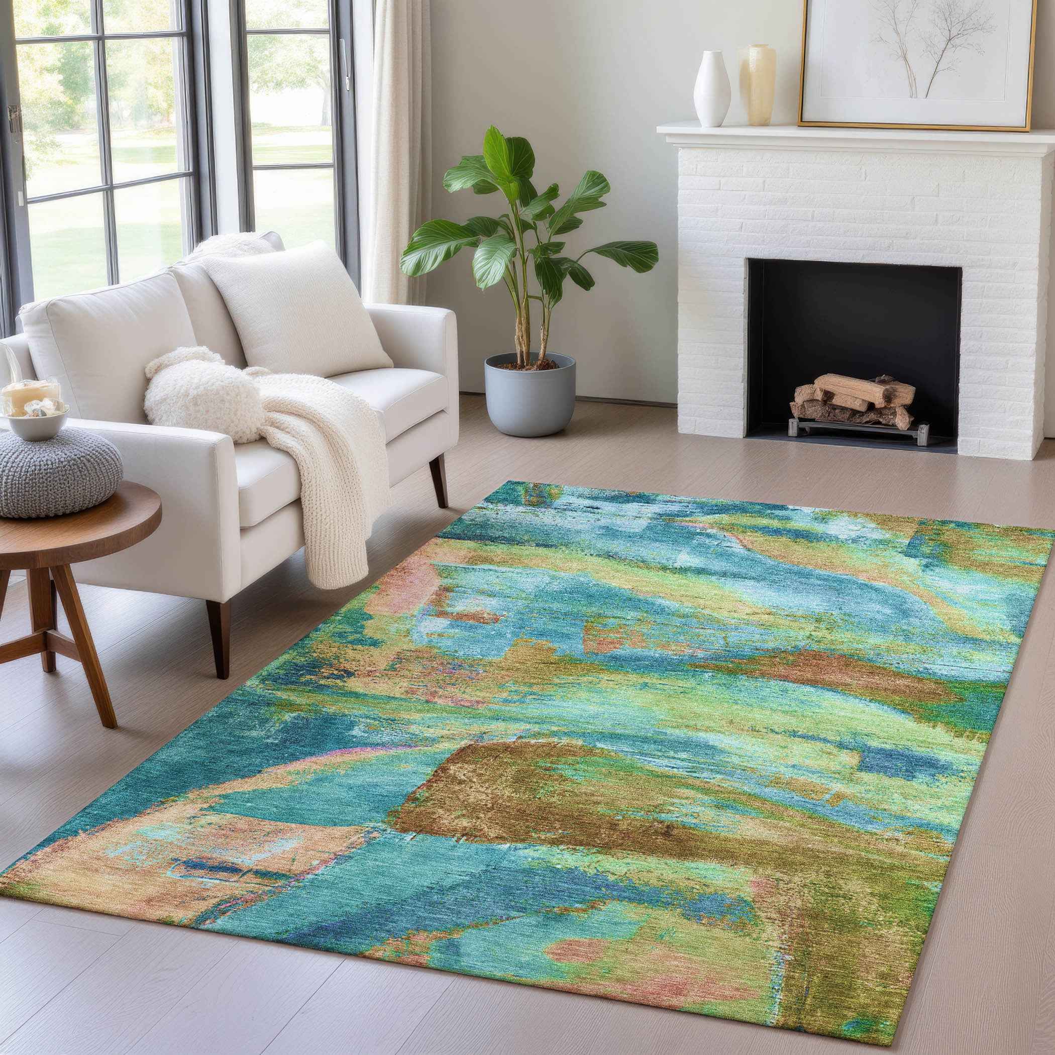 3' X 5' Teal Blue Lime Green And Blush Abstract Washable Indoor Outdoor Area Rug