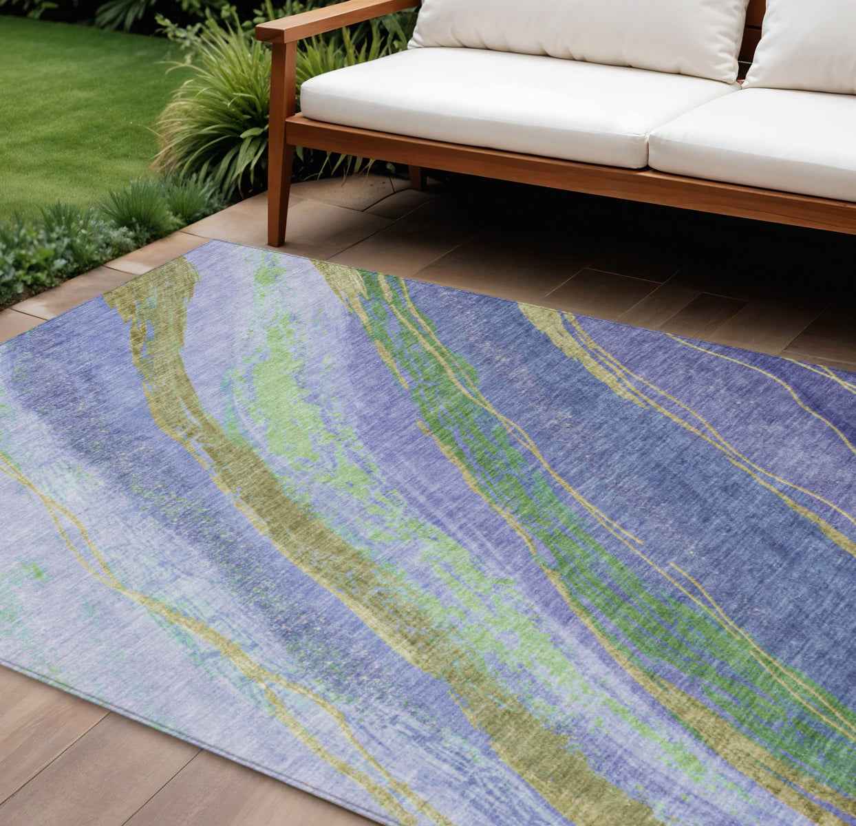 8' X 10' Purple Green And Gold Abstract Washable Indoor Outdoor Area Rug