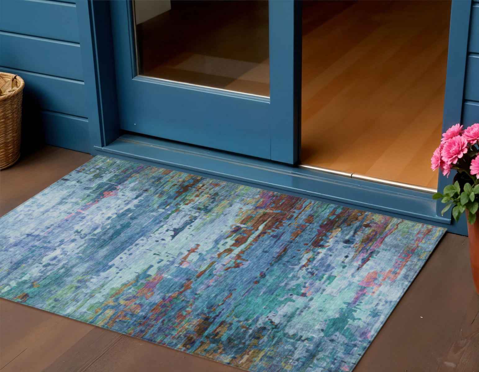 3' X 5' Blue Brown And Purple Abstract Washable Indoor Outdoor Area Rug