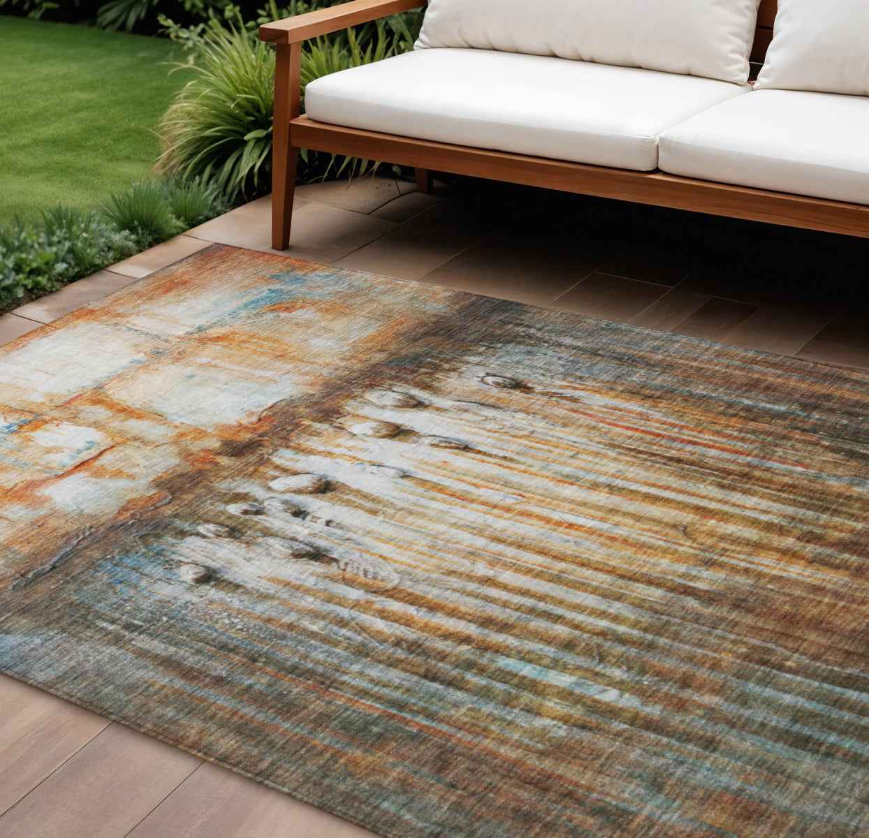 9' X 12' Rust Gray And Blue Abstract Washable Indoor Outdoor Area Rug