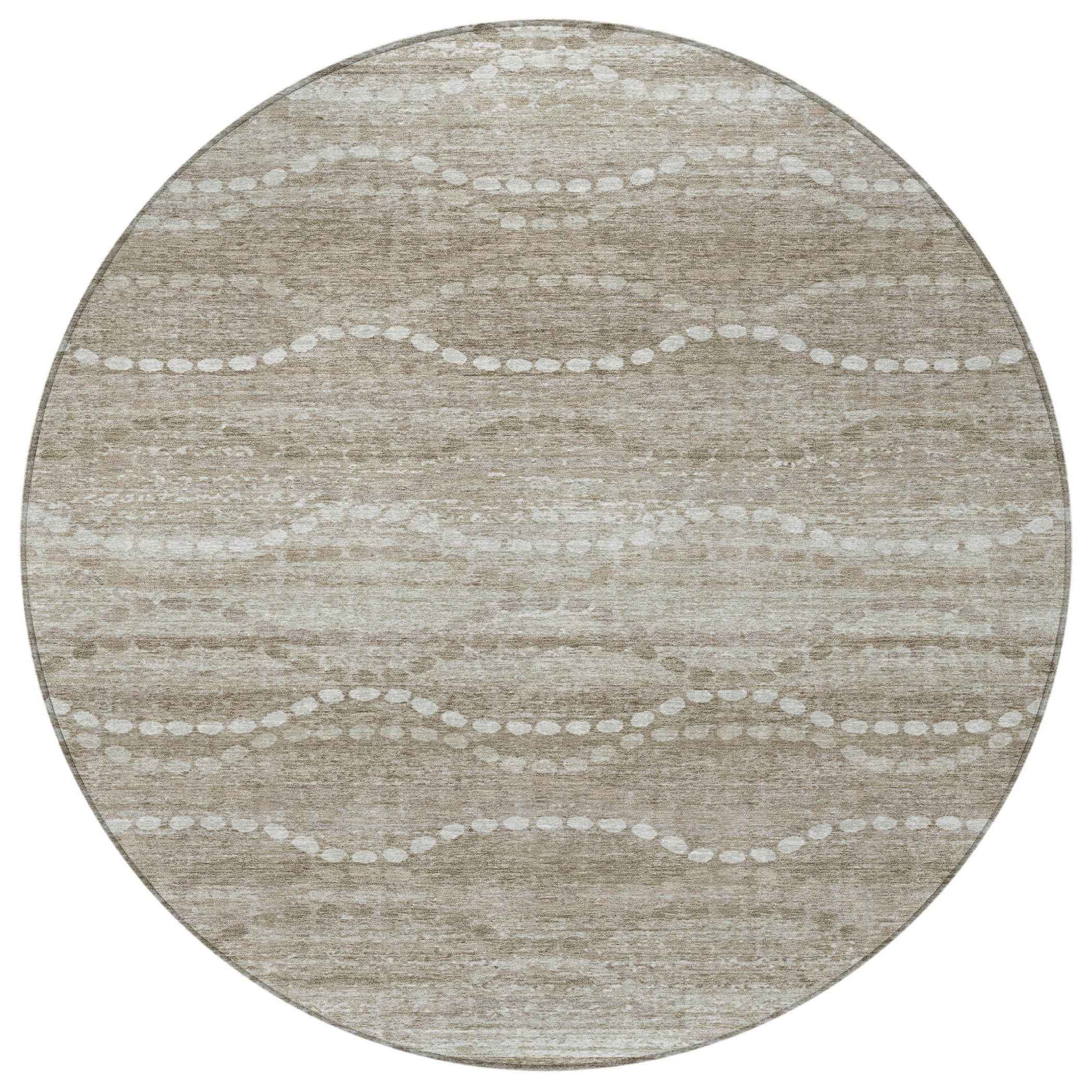 8' Khaki And Ivory Round Ogee Washable Indoor Outdoor Area Rug