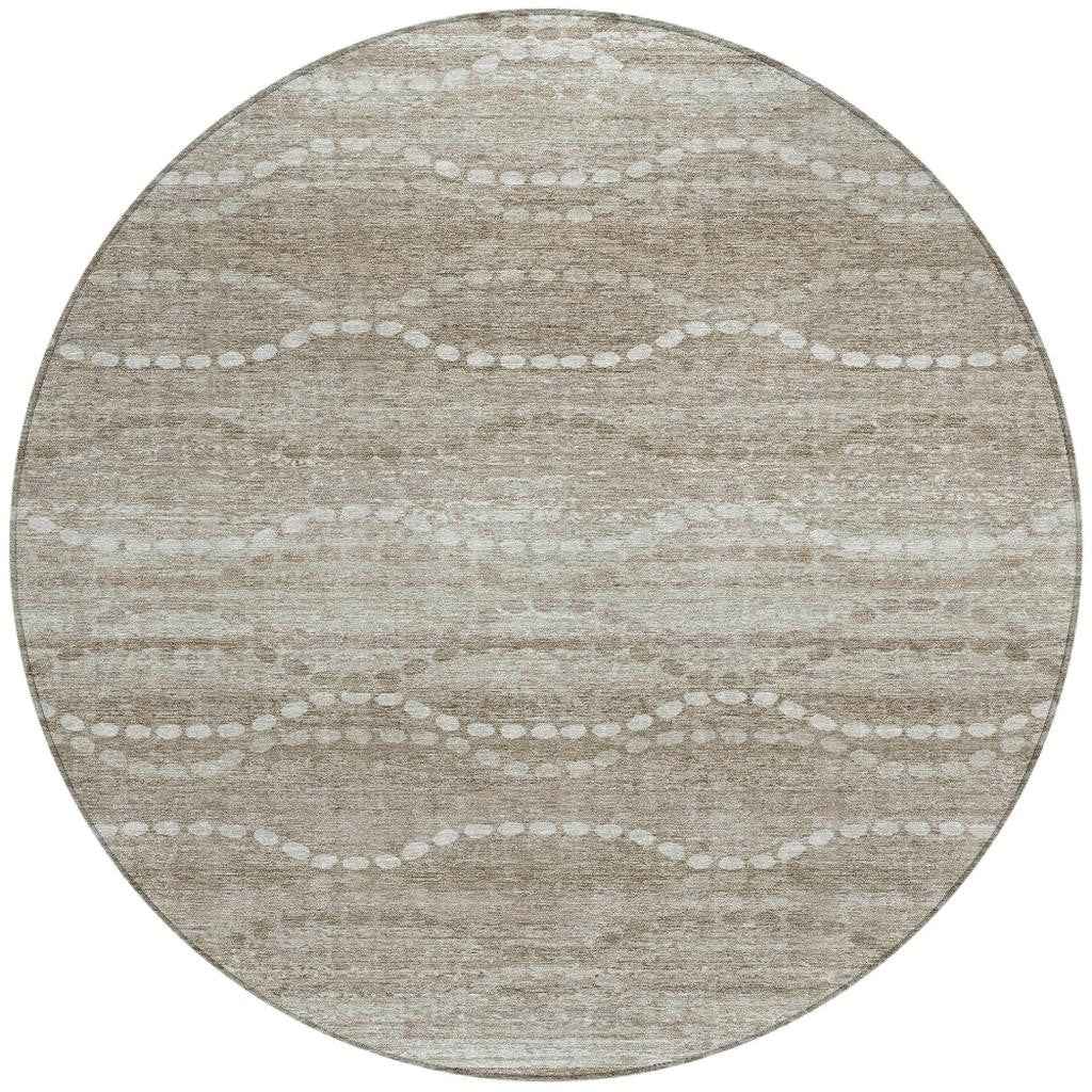 8' Khaki And Ivory Round Ogee Washable Indoor Outdoor Area Rug