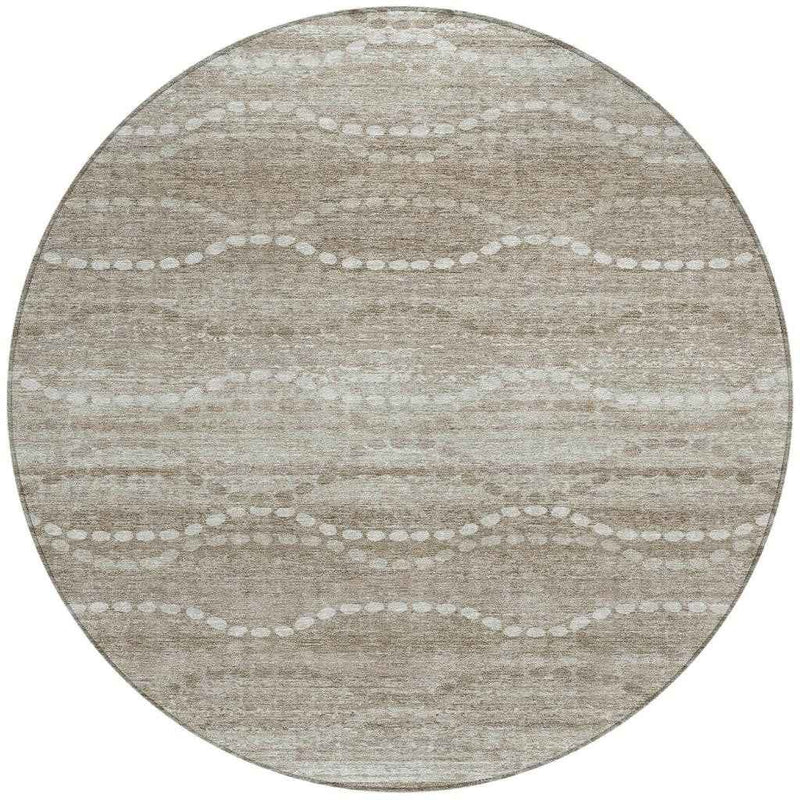 8' Khaki And Ivory Round Ogee Washable Indoor Outdoor Area Rug