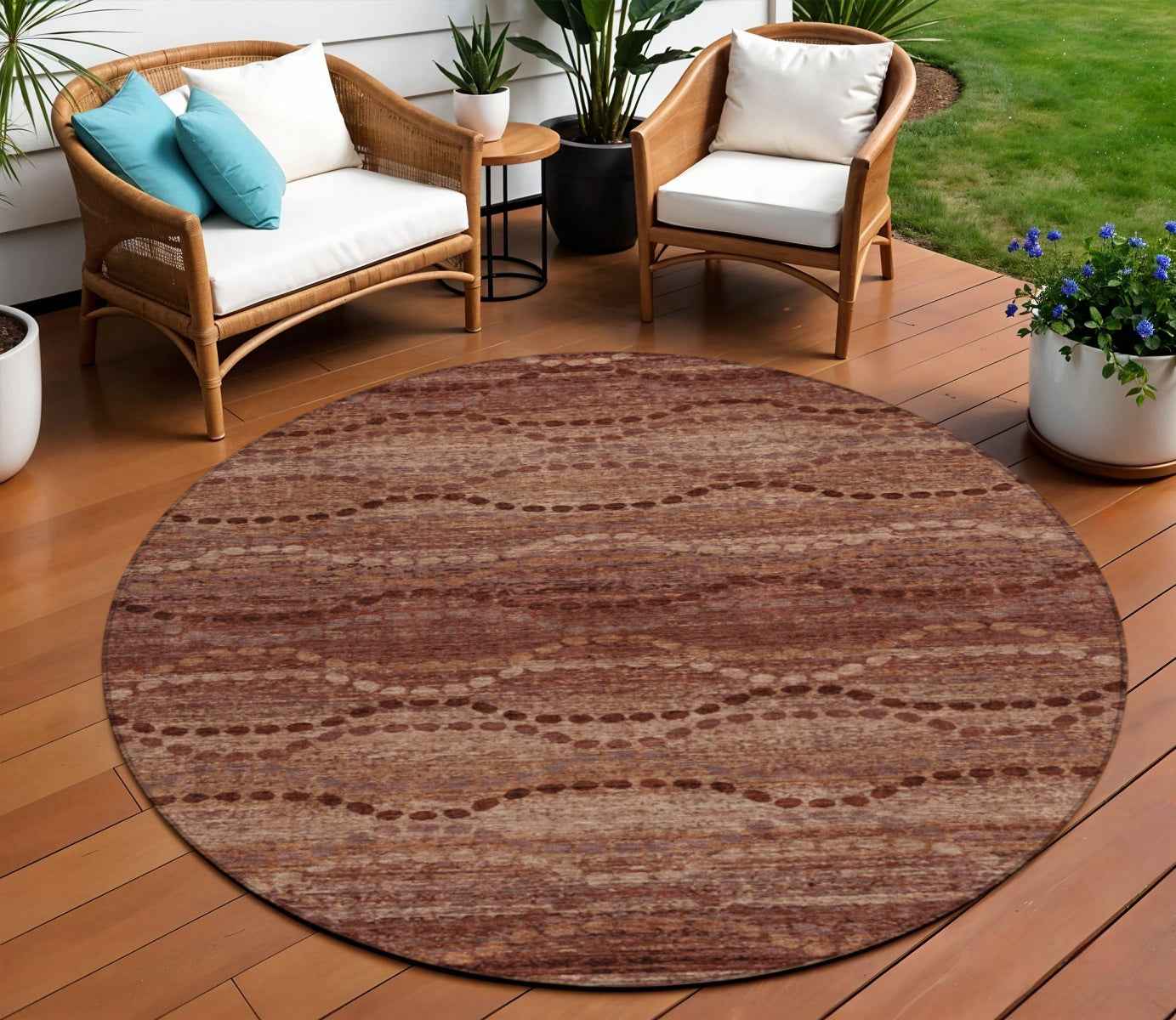 8' Rust And Copper Round Ogee Washable Indoor Outdoor Area Rug