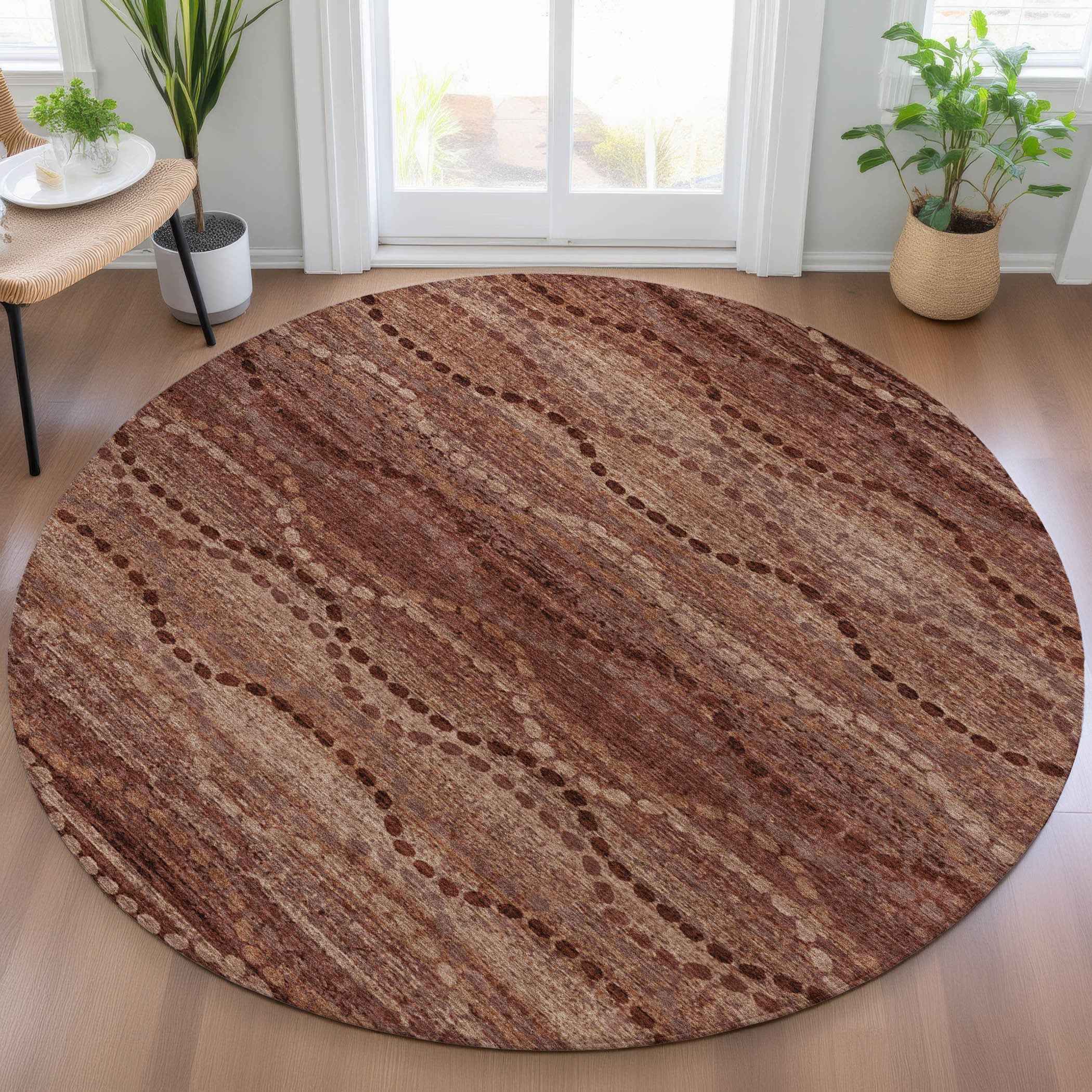 8' Rust And Copper Round Ogee Washable Indoor Outdoor Area Rug