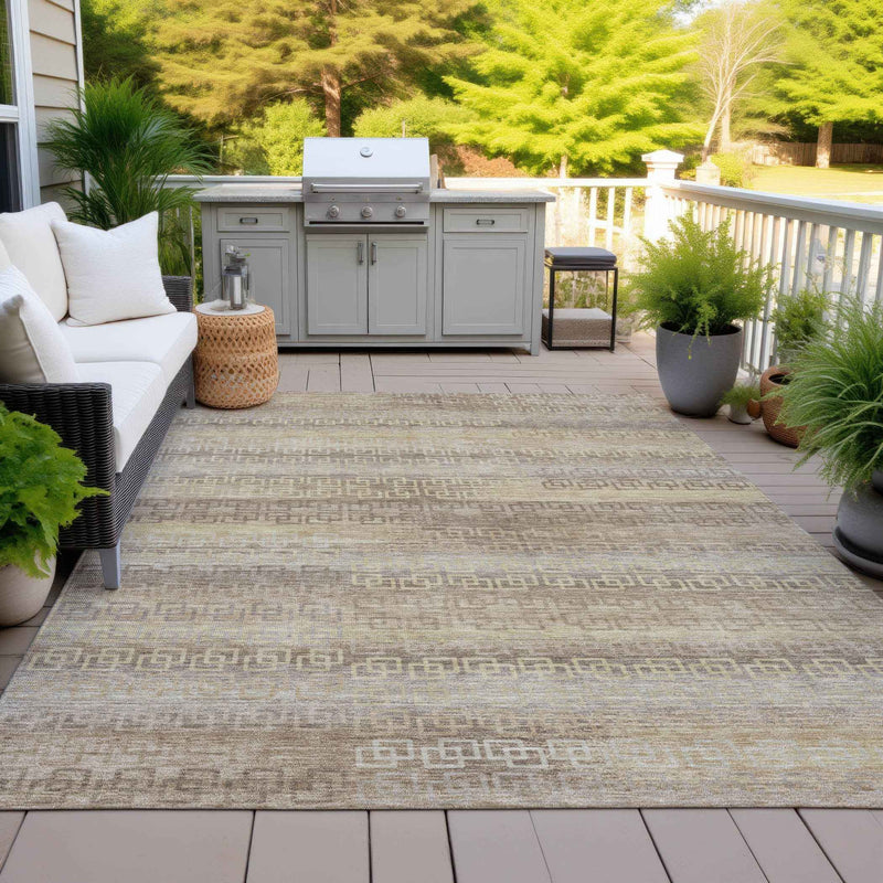 5' X 8' Beige And Wheat Striped Washable Indoor Outdoor Area Rug