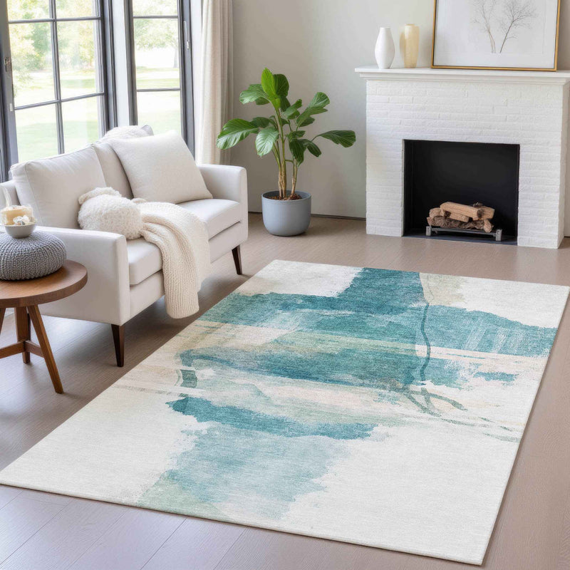 10' X 14' Teal Blue And Ivory Abstract Washable Indoor Outdoor Area Rug