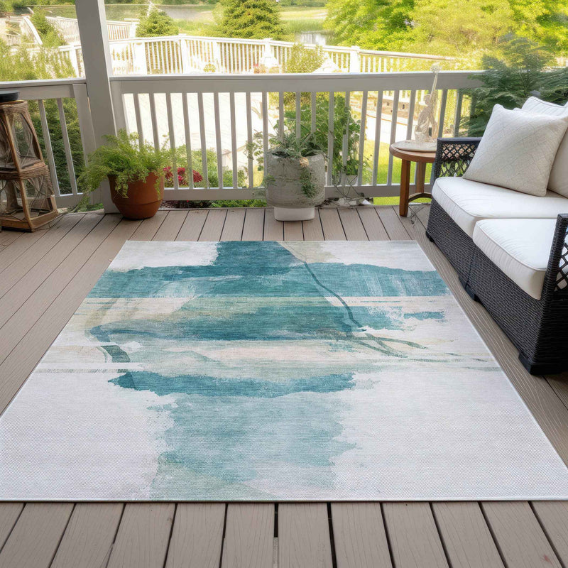 10' X 14' Teal Blue And Ivory Abstract Washable Indoor Outdoor Area Rug