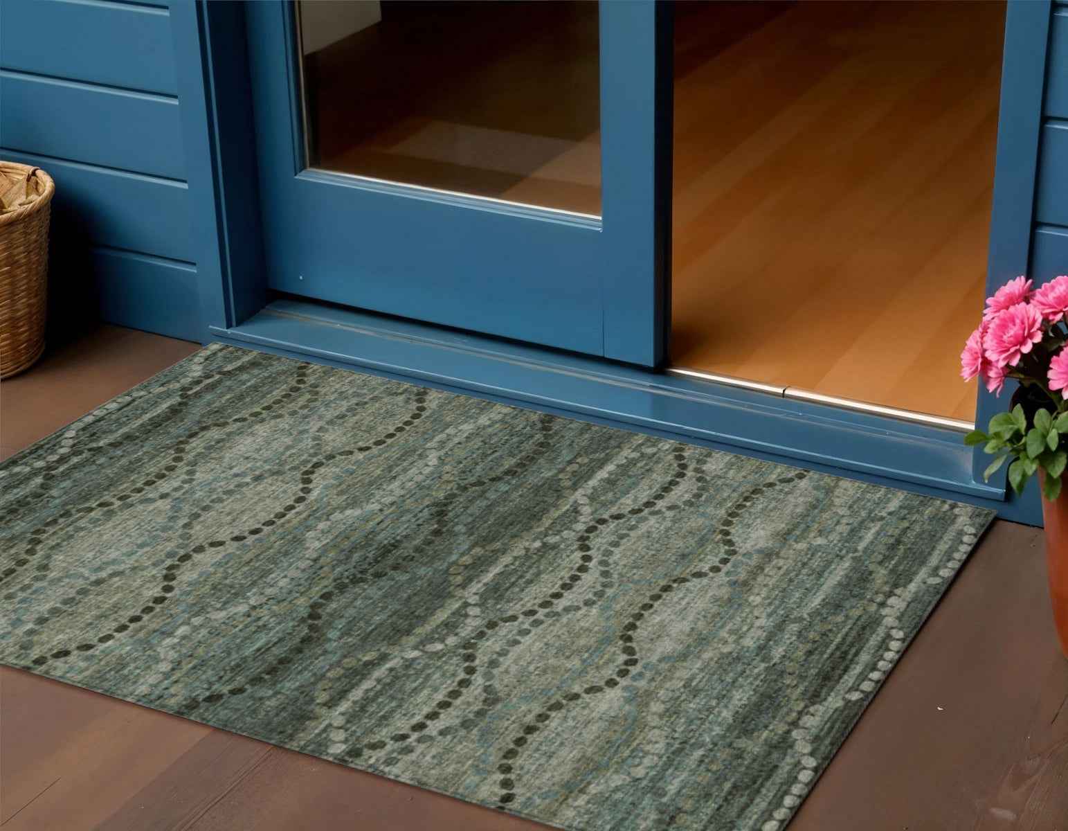 3' X 5' Artichoke Green And Gray Ogee Washable Indoor Outdoor Area Rug