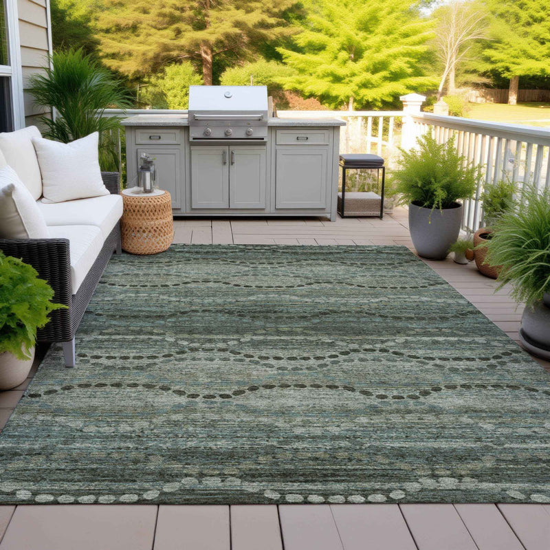 3' X 5' Artichoke Green And Gray Ogee Washable Indoor Outdoor Area Rug