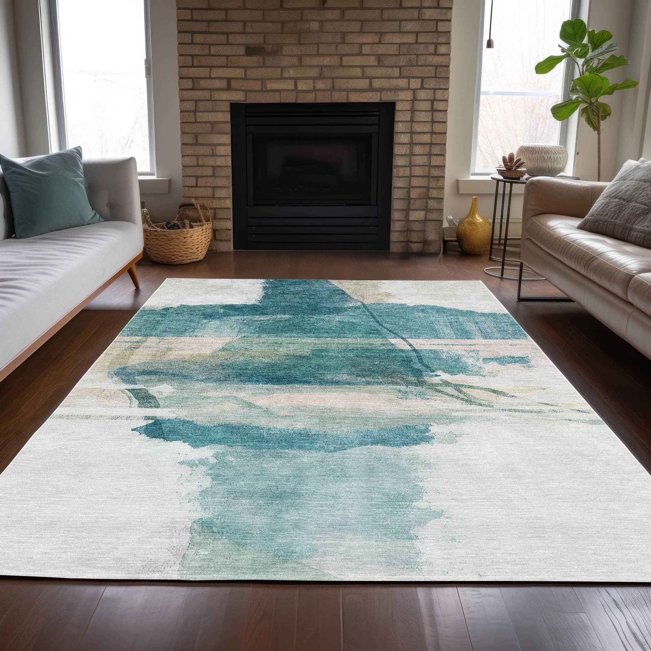 10' X 14' Teal Blue And Ivory Abstract Washable Indoor Outdoor Area Rug