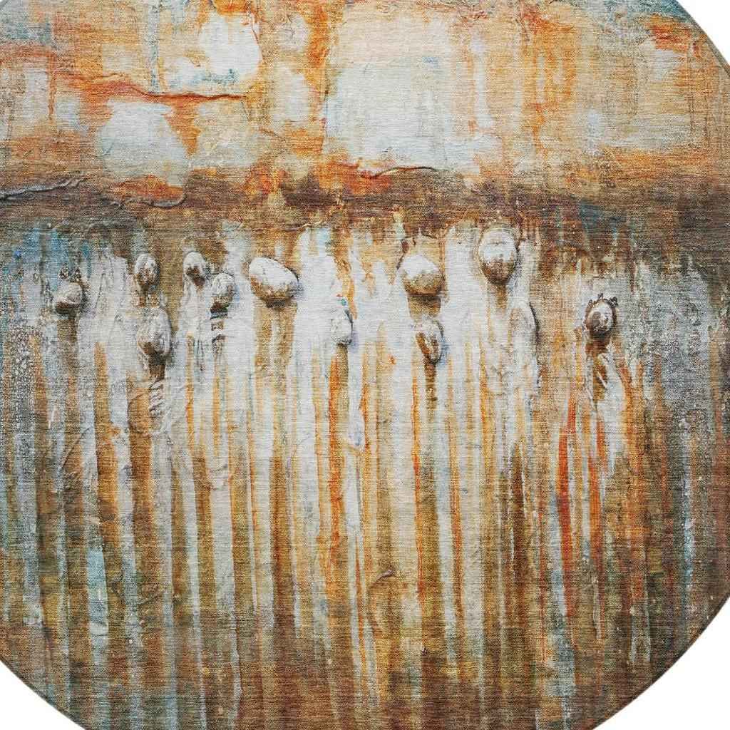 8' Rust Gray And Blue Round Abstract Washable Indoor Outdoor Area Rug