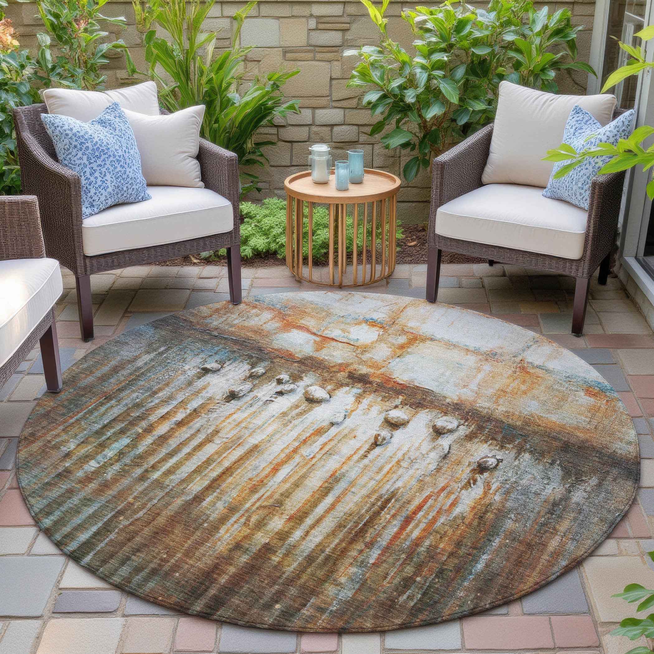 8' Rust Gray And Blue Round Abstract Washable Indoor Outdoor Area Rug