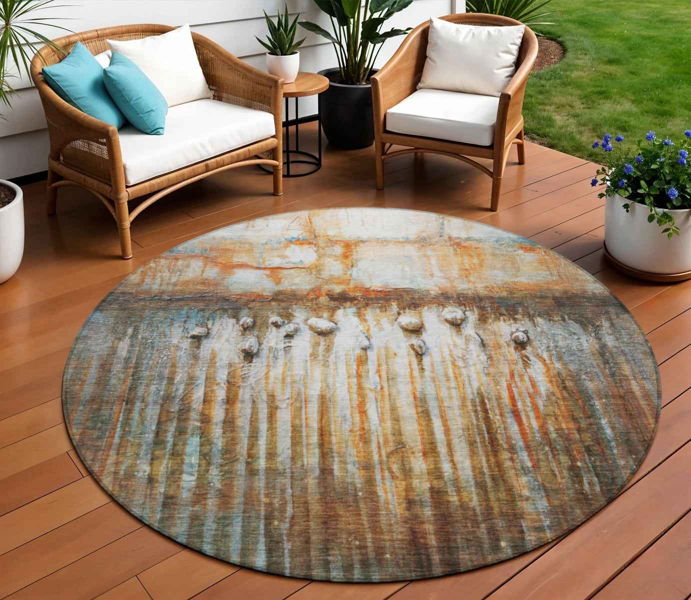 8' Rust Gray And Blue Round Abstract Washable Indoor Outdoor Area Rug