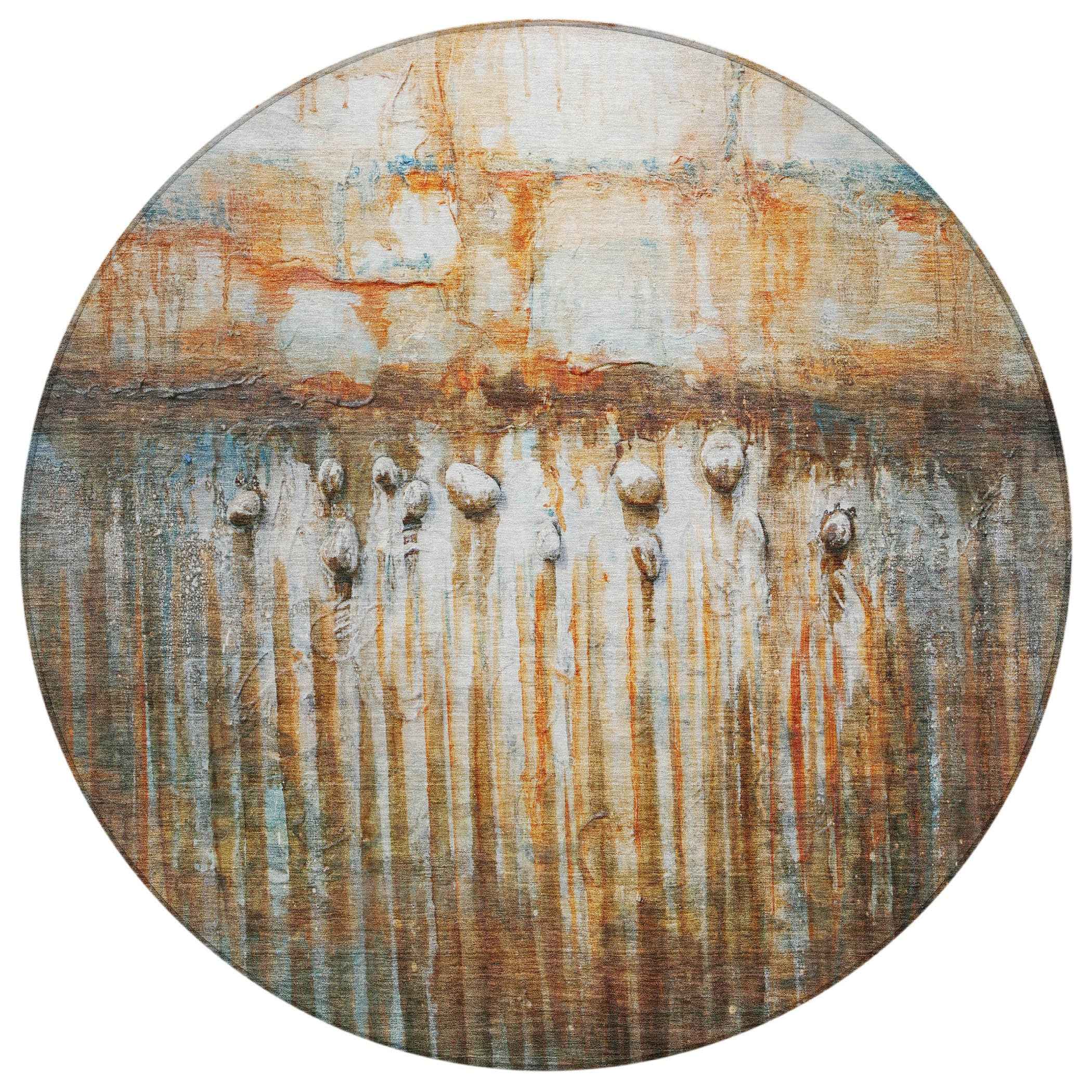 8' Rust Gray And Blue Round Abstract Washable Indoor Outdoor Area Rug