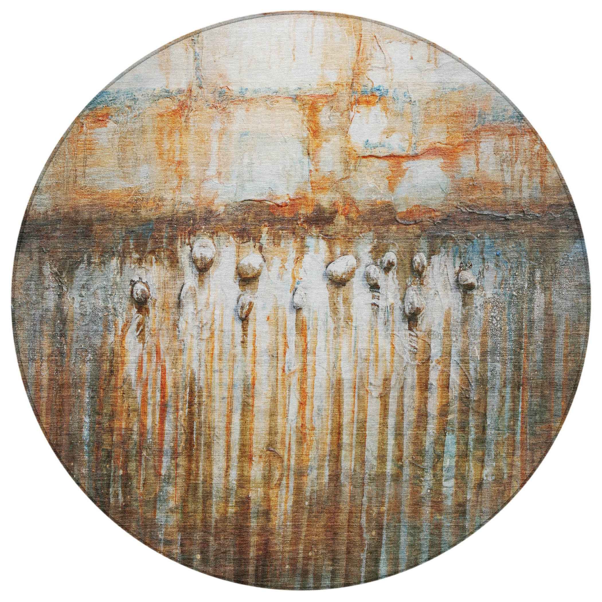 8' Rust Gray And Blue Round Abstract Washable Indoor Outdoor Area Rug