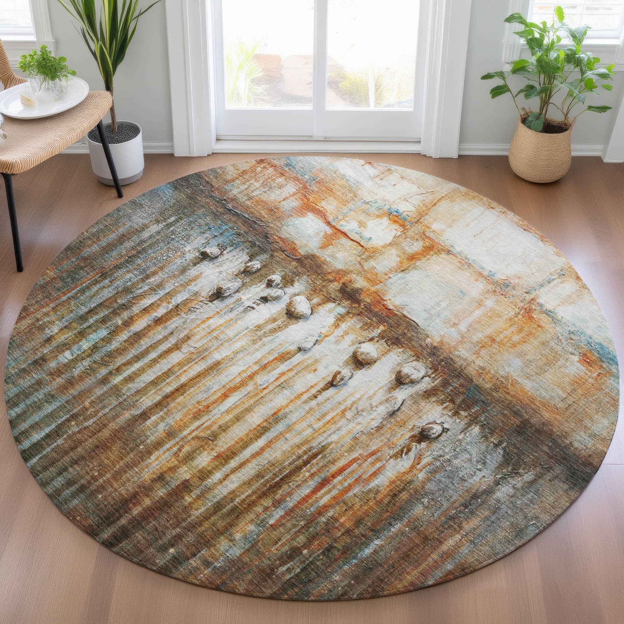 8' Rust Gray And Blue Round Abstract Washable Indoor Outdoor Area Rug