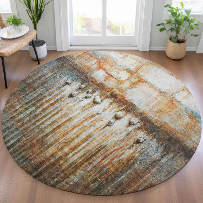 8' Rust Gray And Blue Round Abstract Washable Indoor Outdoor Area Rug
