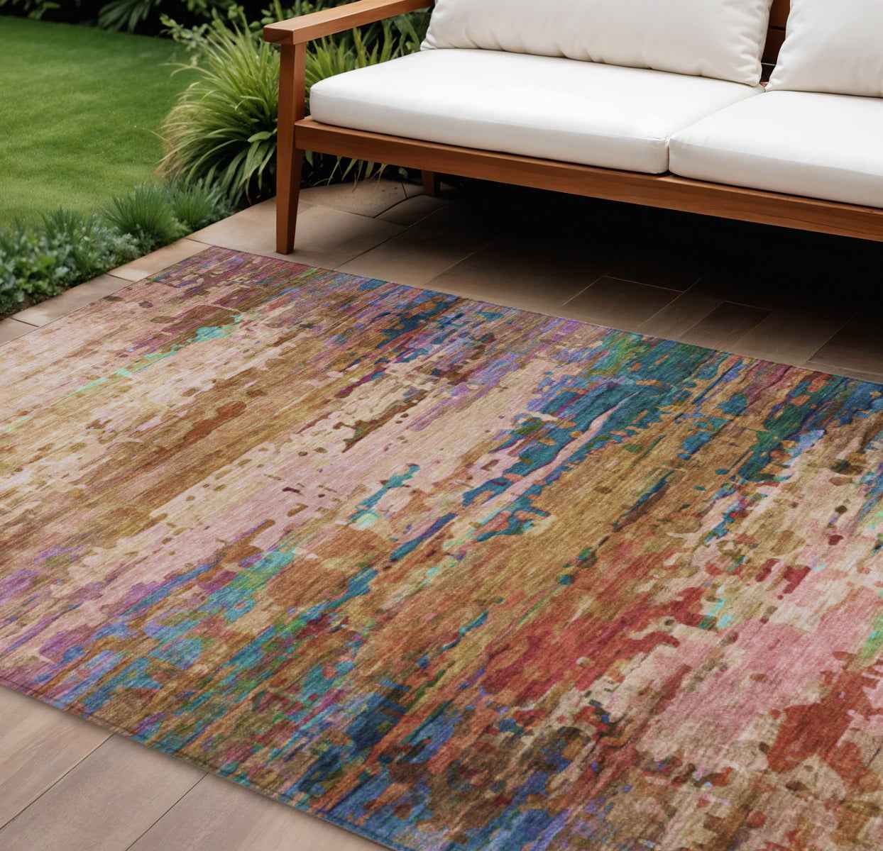 9' X 12' Sage Teal Blue And Blush Abstract Washable Indoor Outdoor Area Rug