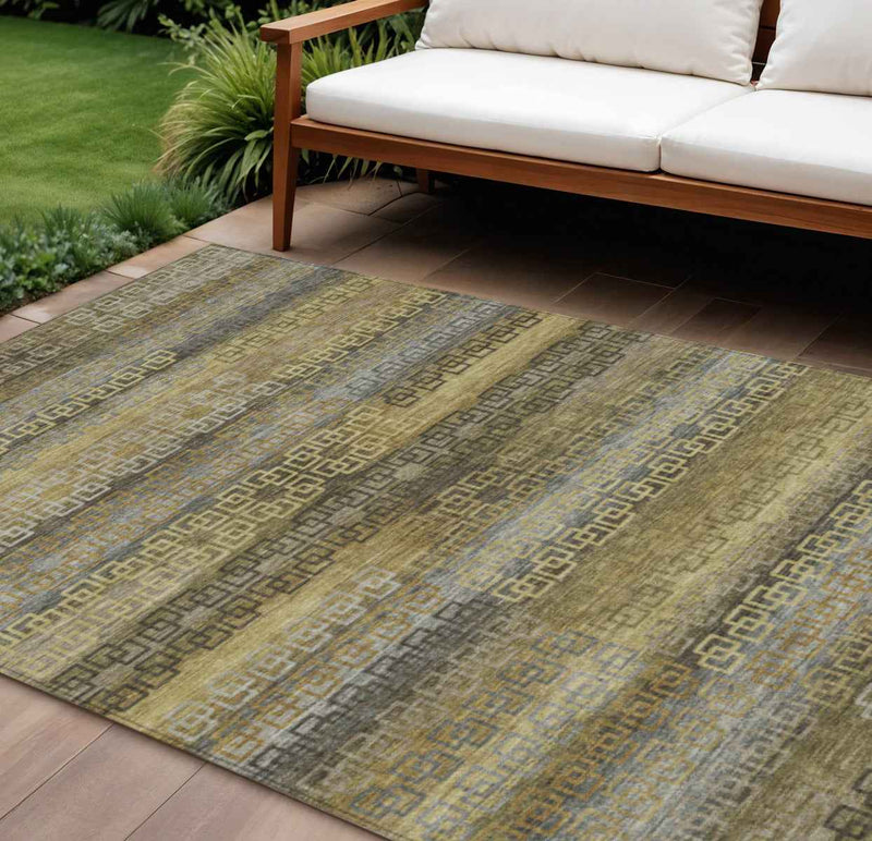 8' X 10' Wheat And Brown Striped Washable Indoor Outdoor Area Rug