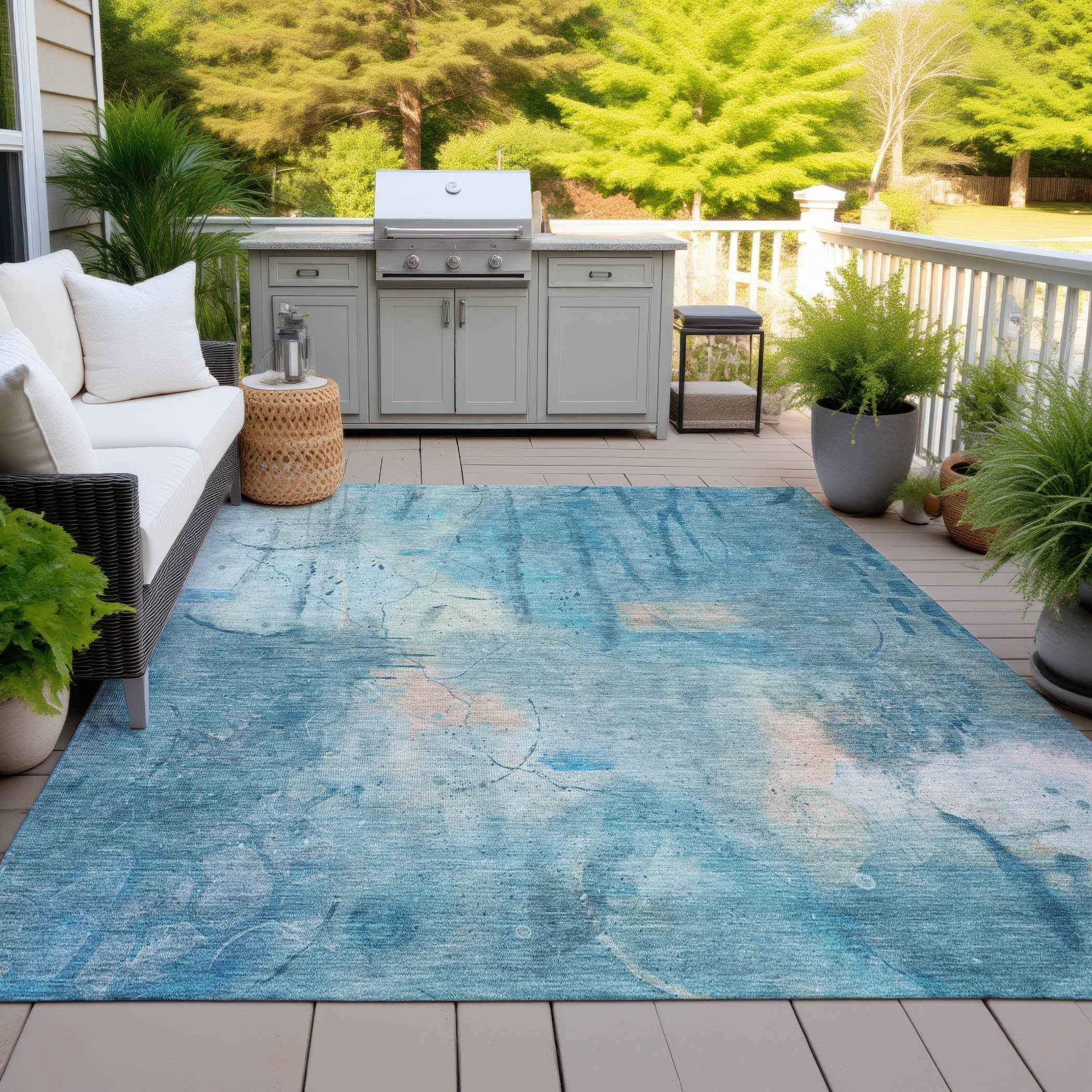 10' X 14' Blue And Beige Abstract Washable Indoor Outdoor Area Rug