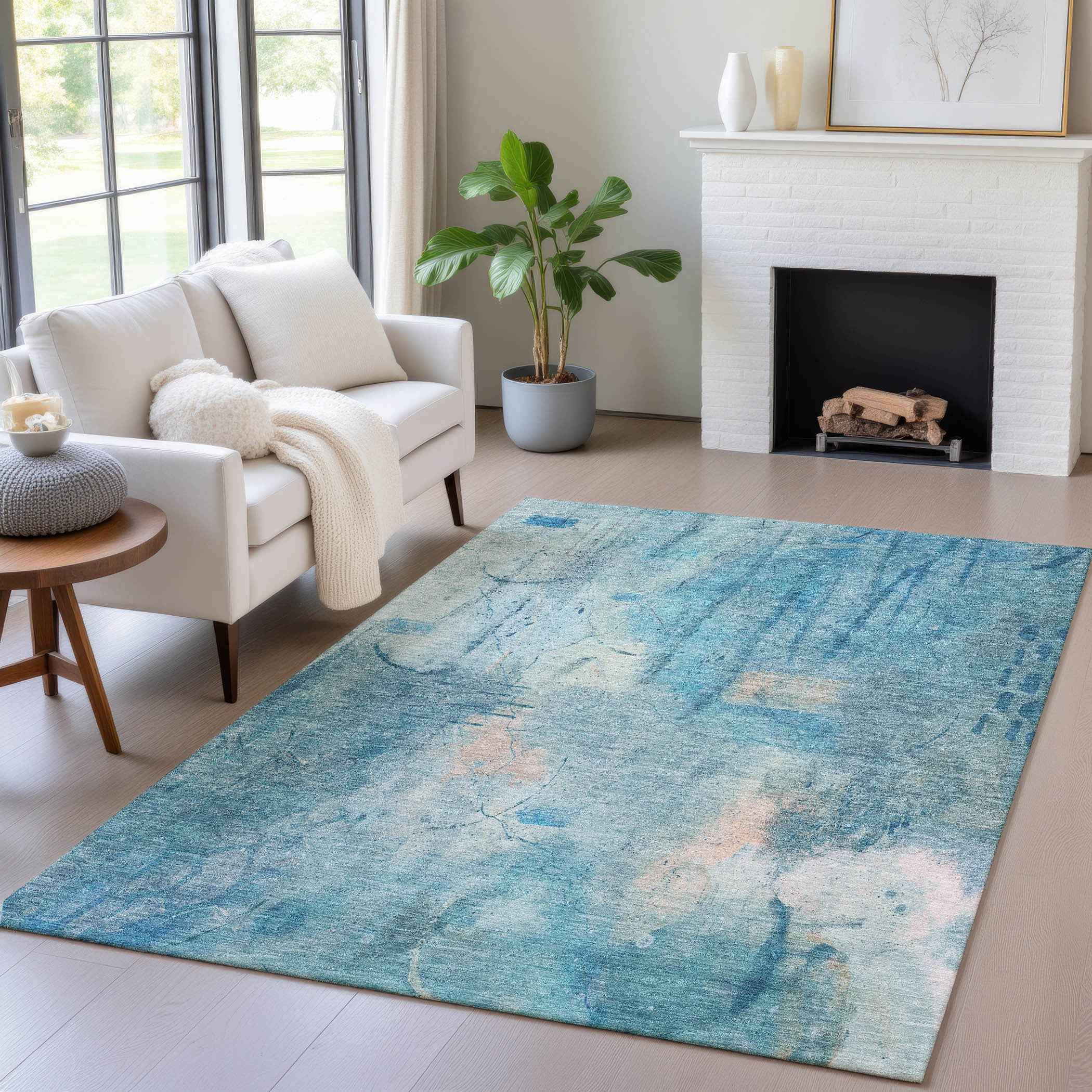 10' X 14' Blue And Beige Abstract Washable Indoor Outdoor Area Rug