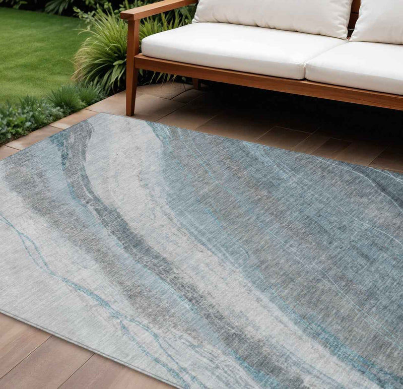8' X 10' Teal Blue And Gray Abstract Washable Indoor Outdoor Area Rug