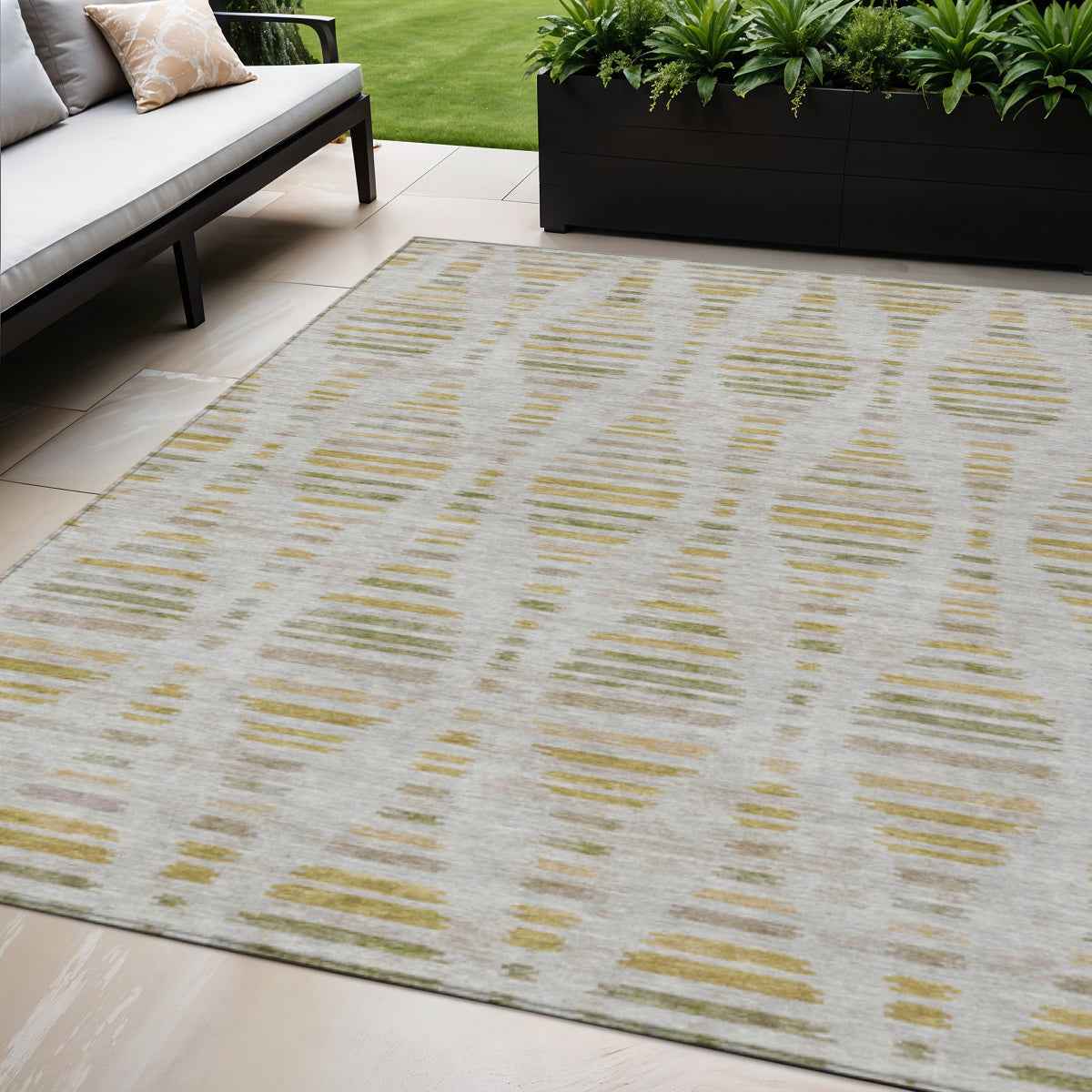 5' X 8' Ivory And Gold Striped Washable Indoor Outdoor Area Rug