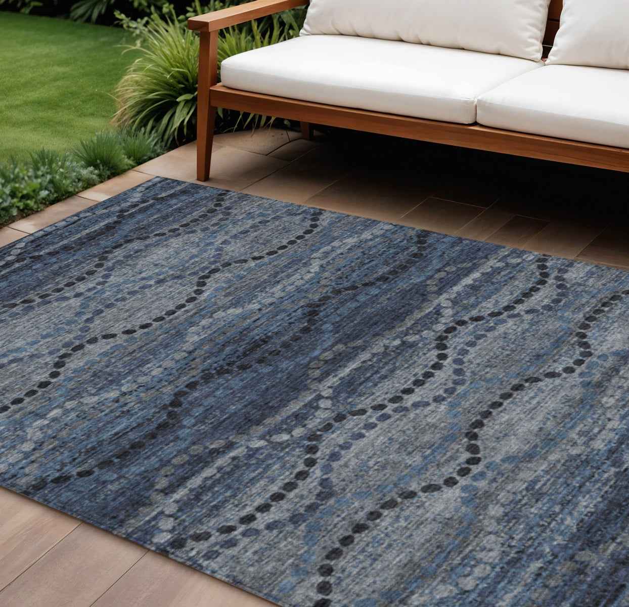 9' X 12' Navy Blue And Gray Ogee Washable Indoor Outdoor Area Rug