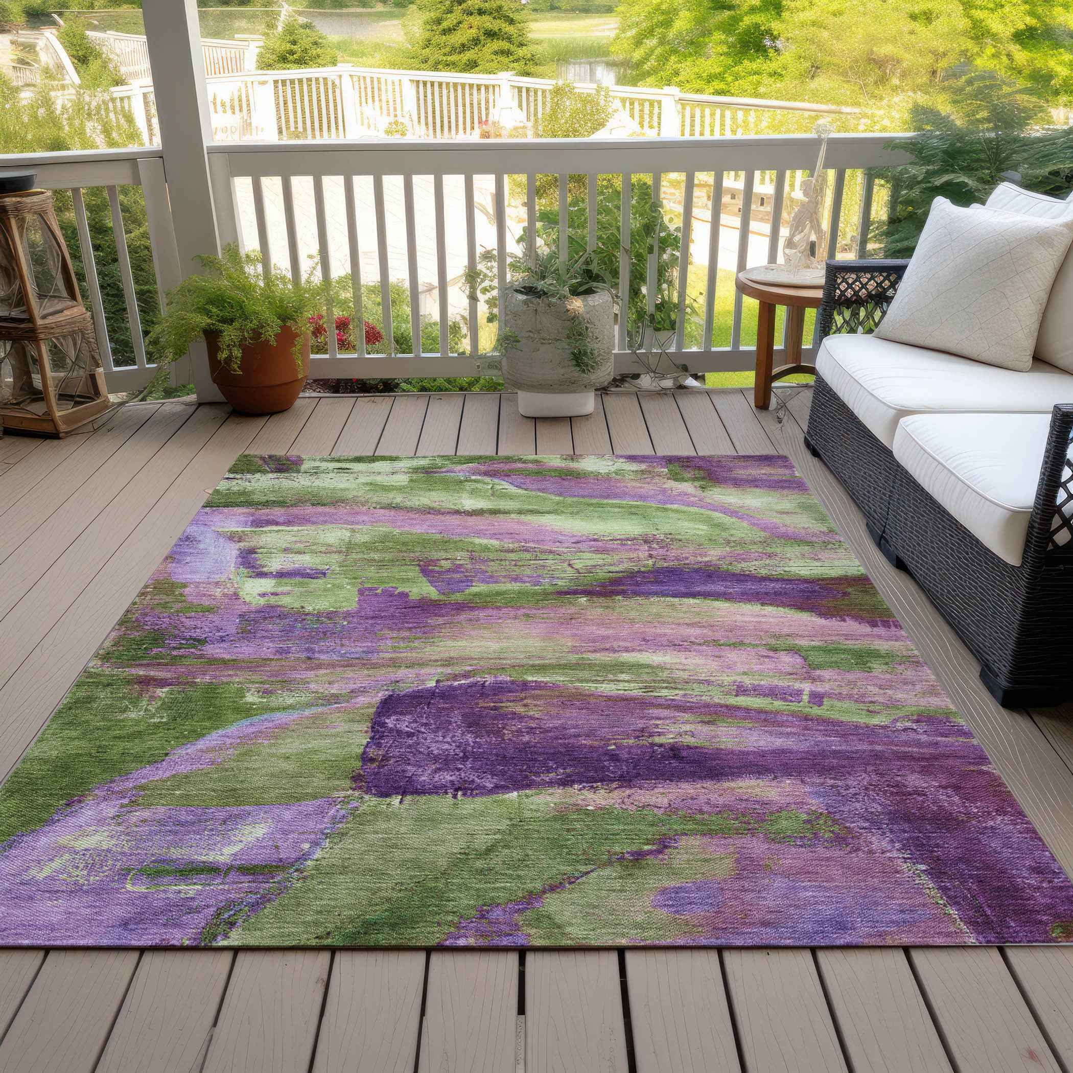 10' X 14' Purple Plum And Green Abstract Washable Indoor Outdoor Area Rug