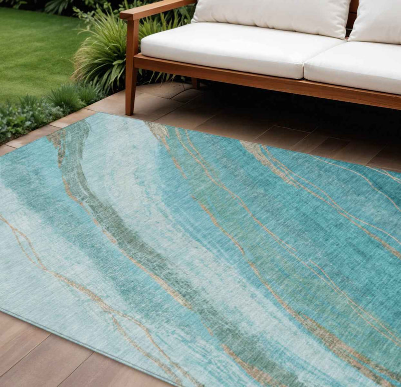 10' X 14' Turquoise And Taupe Abstract Washable Indoor Outdoor Area Rug