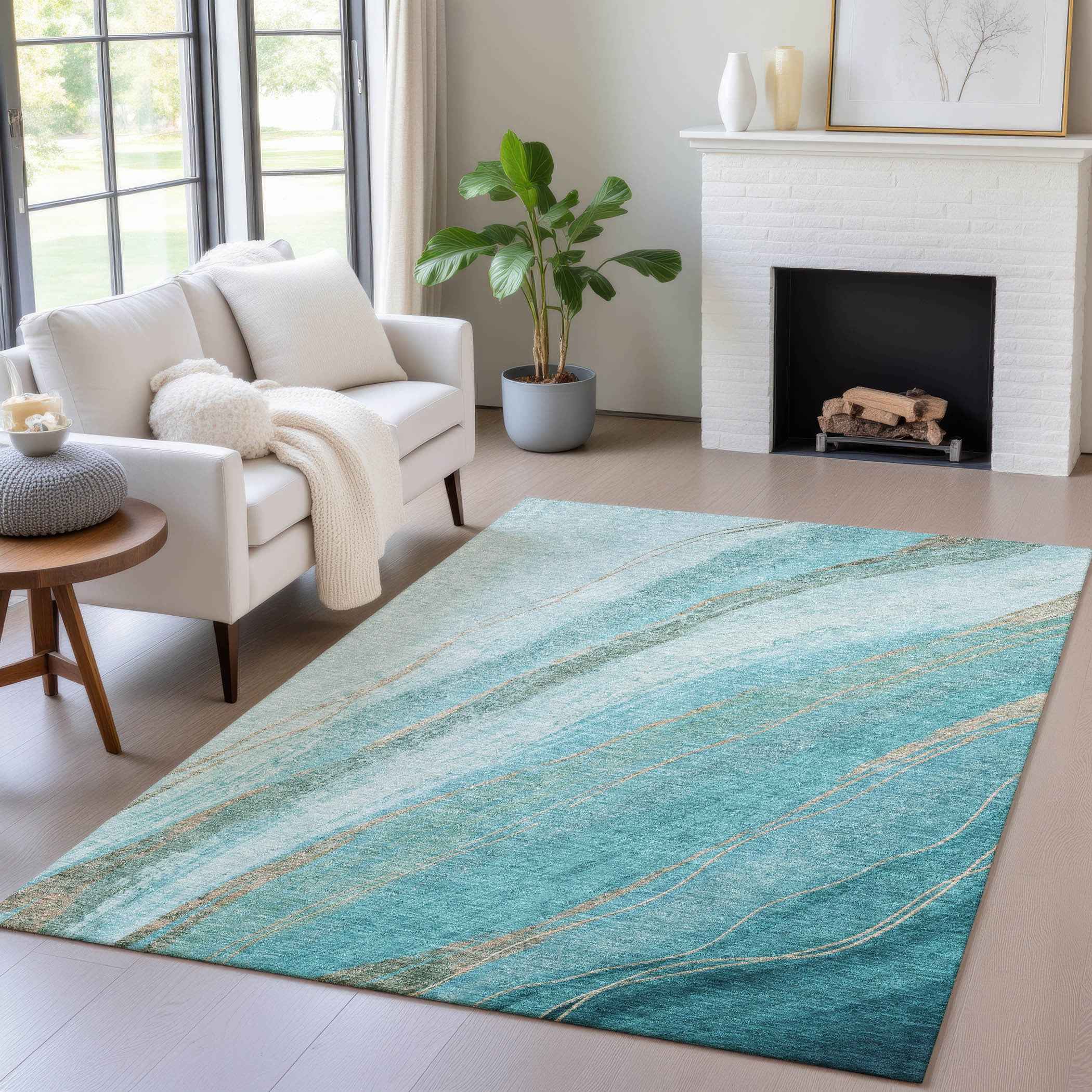 10' X 14' Turquoise And Taupe Abstract Washable Indoor Outdoor Area Rug