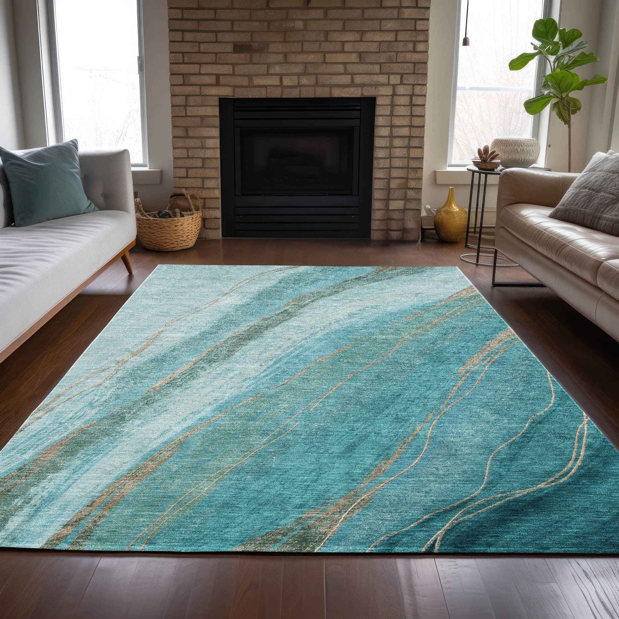 10' X 14' Turquoise And Taupe Abstract Washable Indoor Outdoor Area Rug
