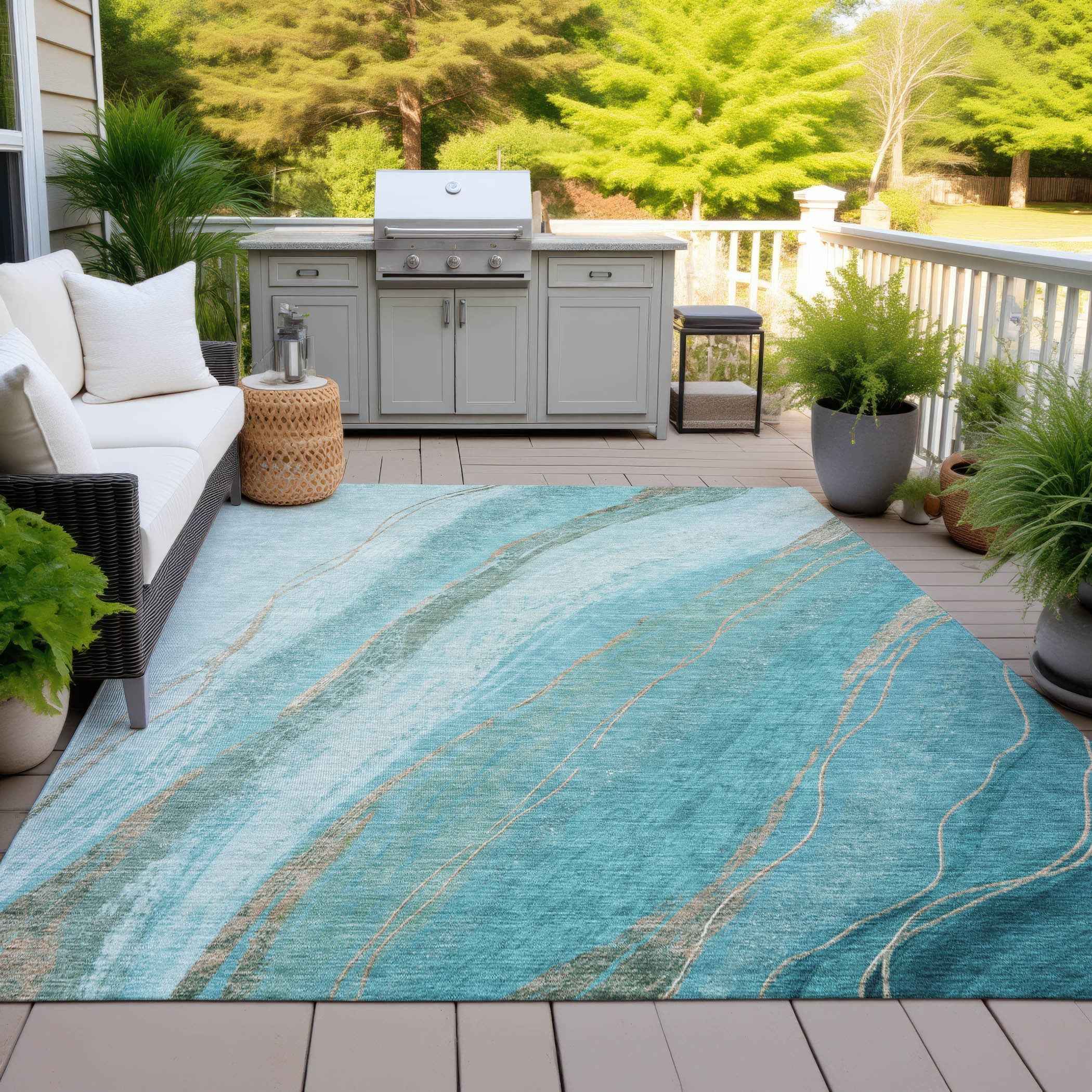10' X 14' Turquoise And Taupe Abstract Washable Indoor Outdoor Area Rug